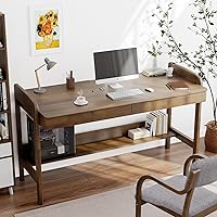 Vista 4 de Escritorio 100% de madera maciza con cajones, escritorio moderno de mediados de siglo de 48 pulgadas, escritorios vintage con estante