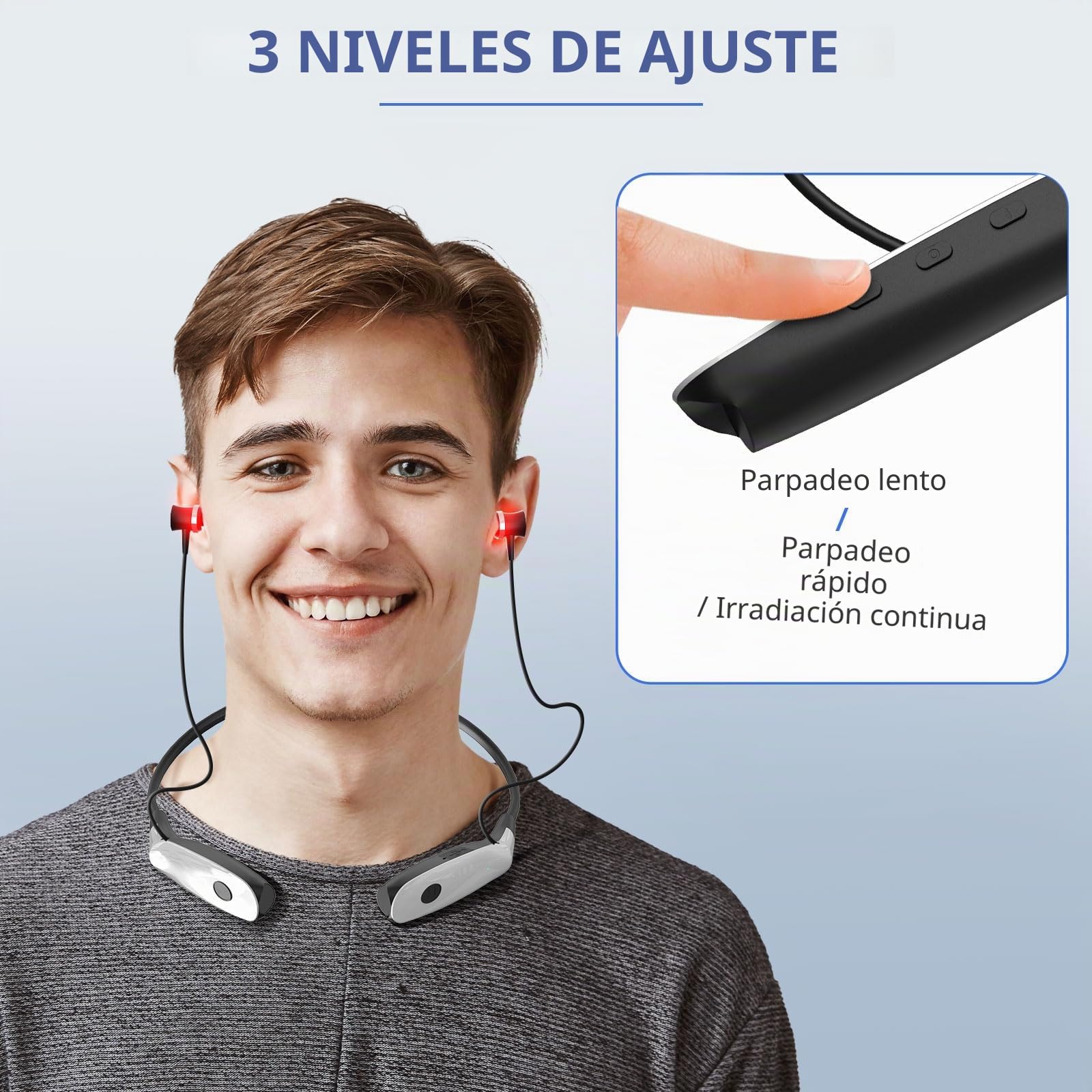 Terapia de luz roja para oídos, dispositivo de terapia de luz roja 2 en 1, dispositivo portátil de alivio de tinnitus de luz roja con tres pares de tapones para los oídos