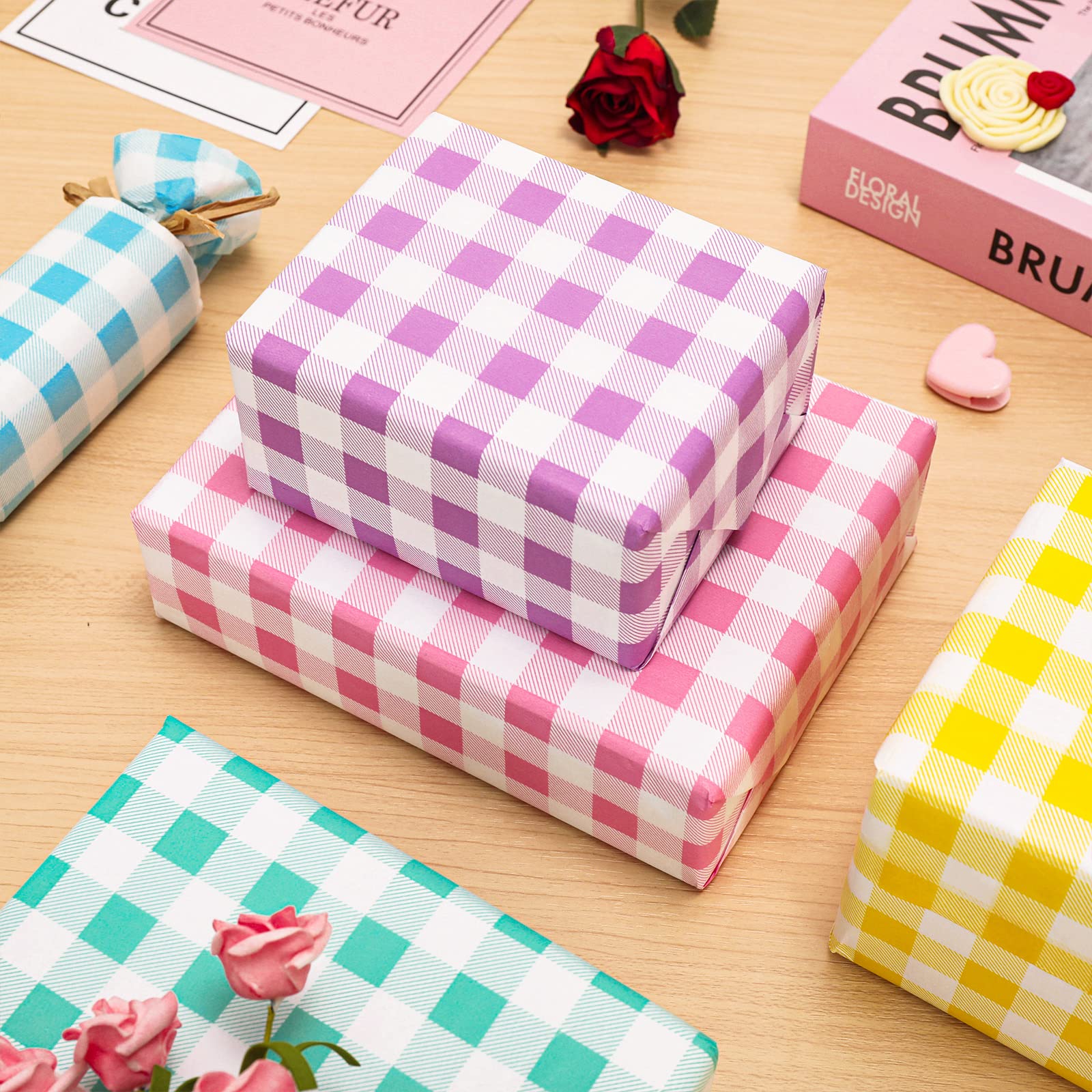 Whaline Lot de 100 feuilles de papier de soie pastel plié plat à carreaux de buffle violet/jaune/rose/vert/bleu pour la maison, sacs cadeaux, décoration d'été, Pâques, anniversaire, 35,6 x 50,8 cm