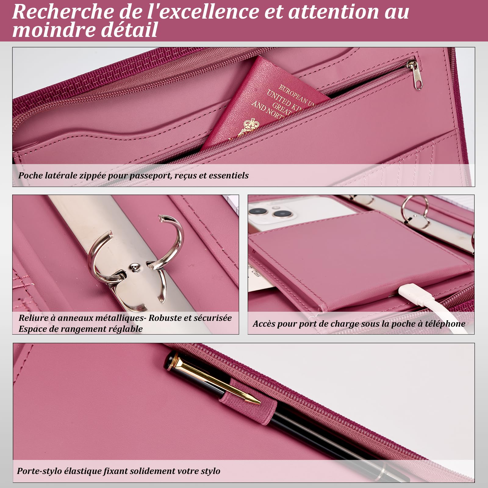 Leathario Portfolio A4 Porte-documents, avec à 4 Anneaux, Organiseur de Conférence, Carnet d'écriture - Dossier de présentation professionnel