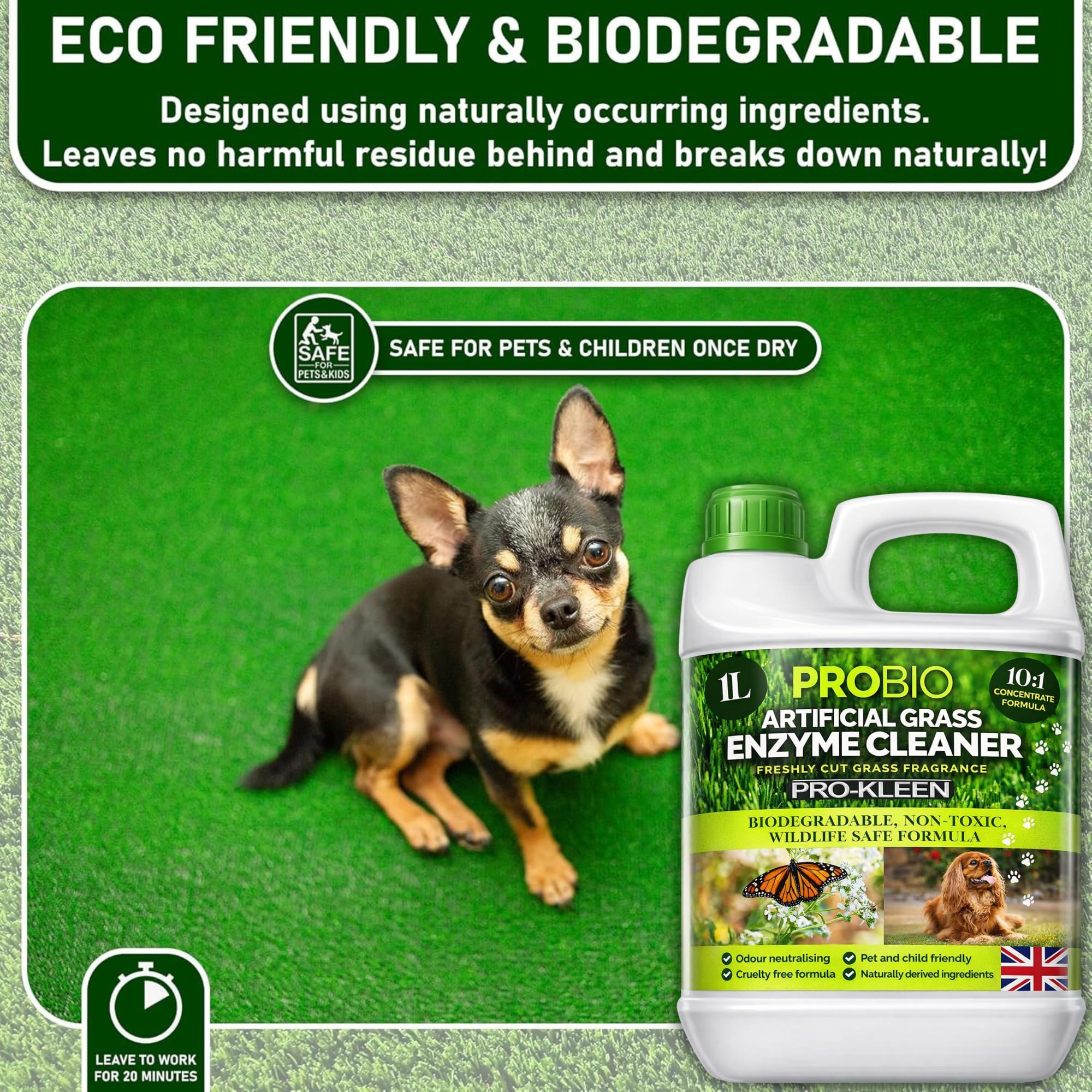 Pro-Kleen ProBio Nettoyant pour gazon artificiel à base de probiotiques Désodorisant Éliminateur d'odeurs 1 L Non toxique Sans cruauté envers les animaux Pour les enfants et les animaux domestiques