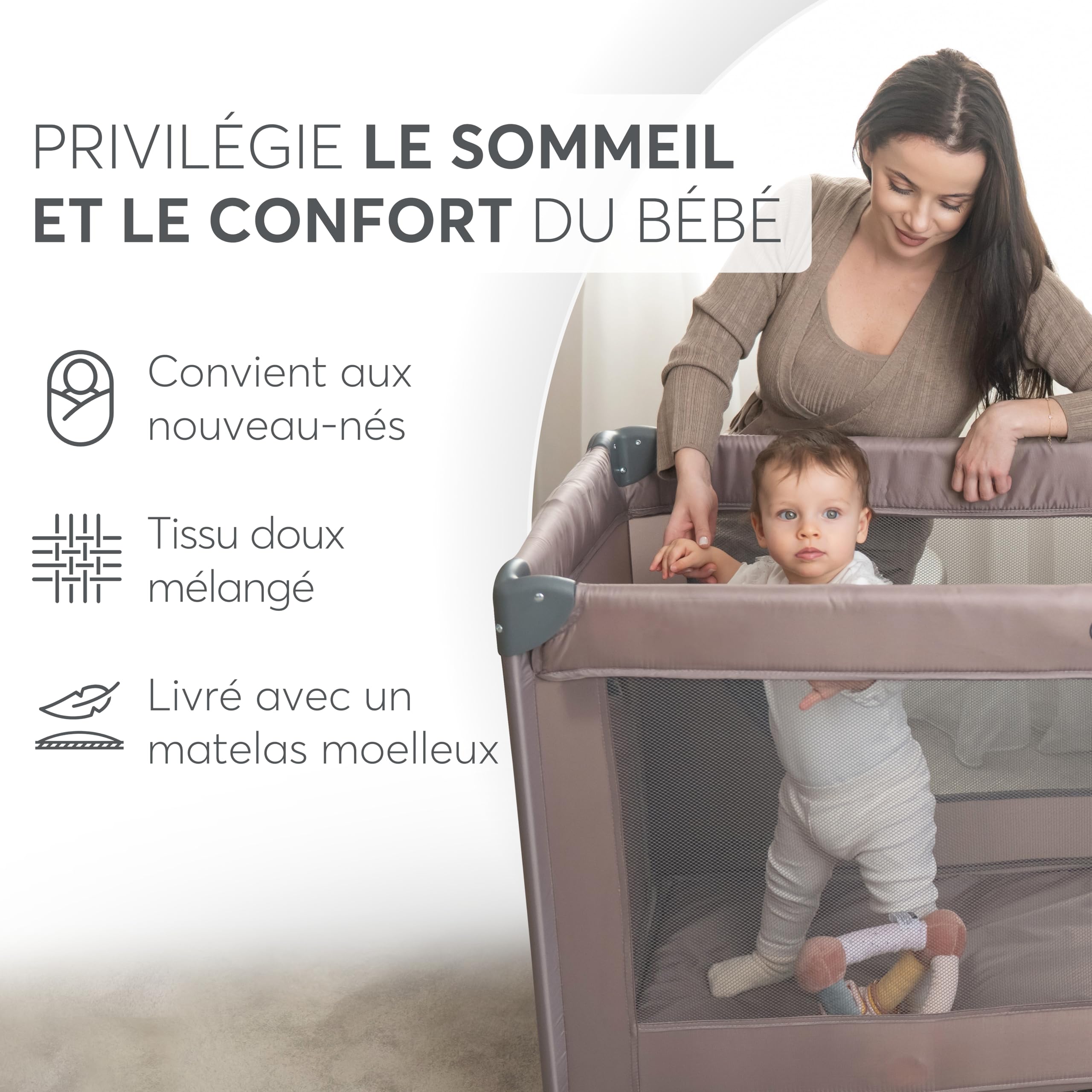 KikkaBoo Lit Parapluie Bébé Pliable Compact So Gifted, Lit de Voyage Léger 120x60 cm, Jusqu’à 15 kg, sans Matelas, Sac de Transport Inclus, Beige Foncé, Cot