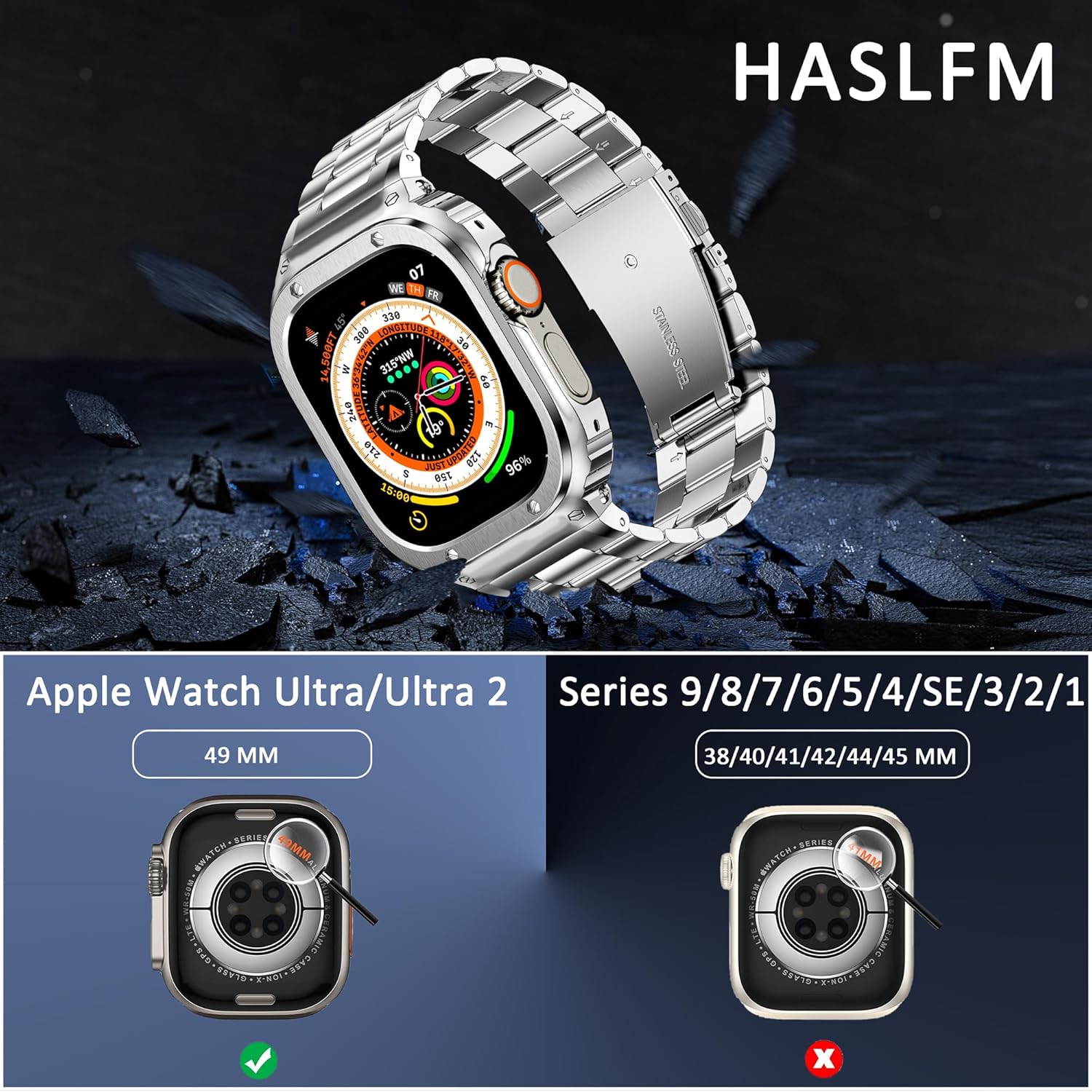 HASLFM Stainless Steel Band with Case Compatible with Apple Watch Ultra 3 2 1(49mm), Metal Protective Bumper Cover for iWatch Bands Men,Silver