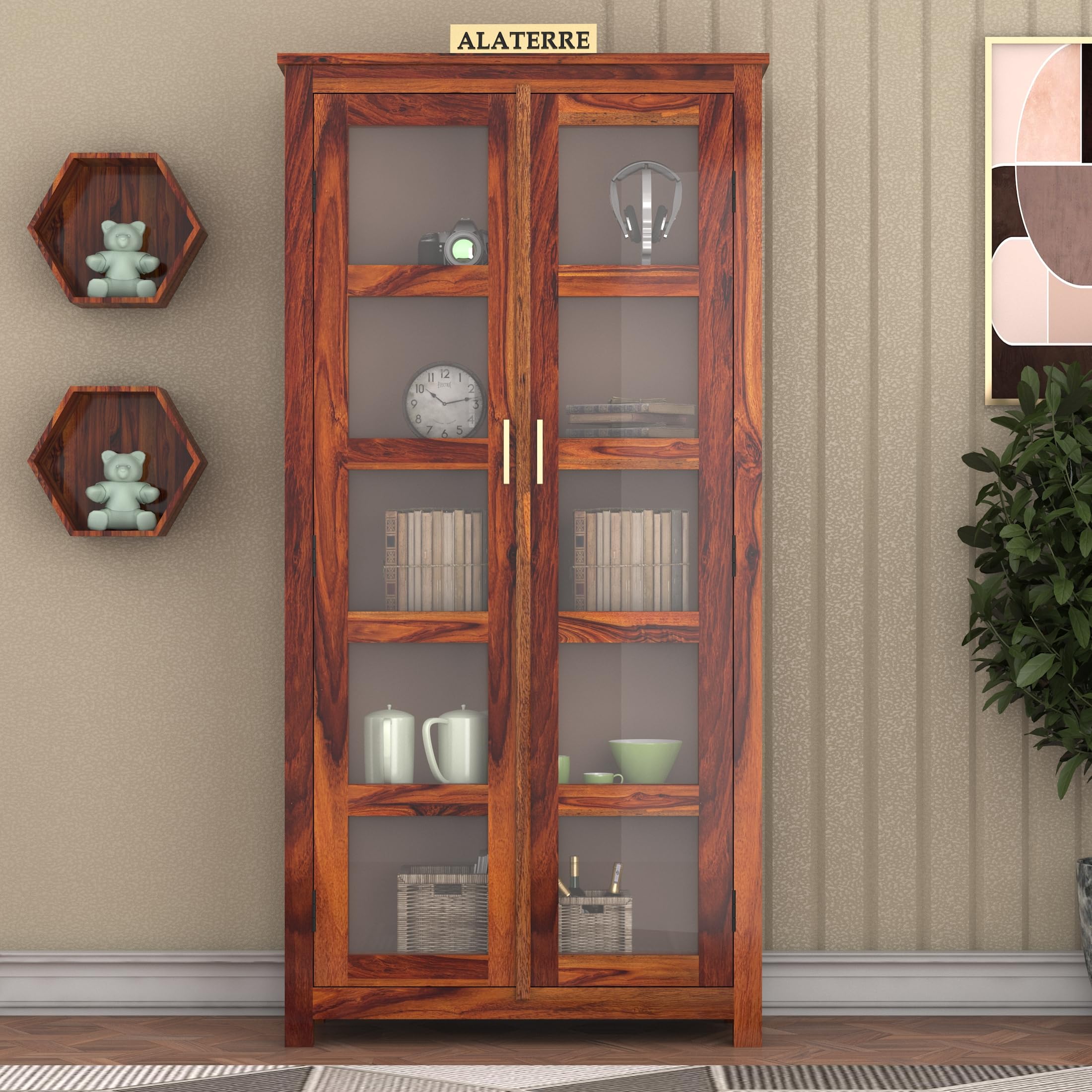 Wood Book Shelf with Glass Door, Wooden BookCases for Home Library, Crockery Units, Kitchen Cabinet, Study Room, Book Rack, Shelves, Home & Office, Honey Finish-image-29