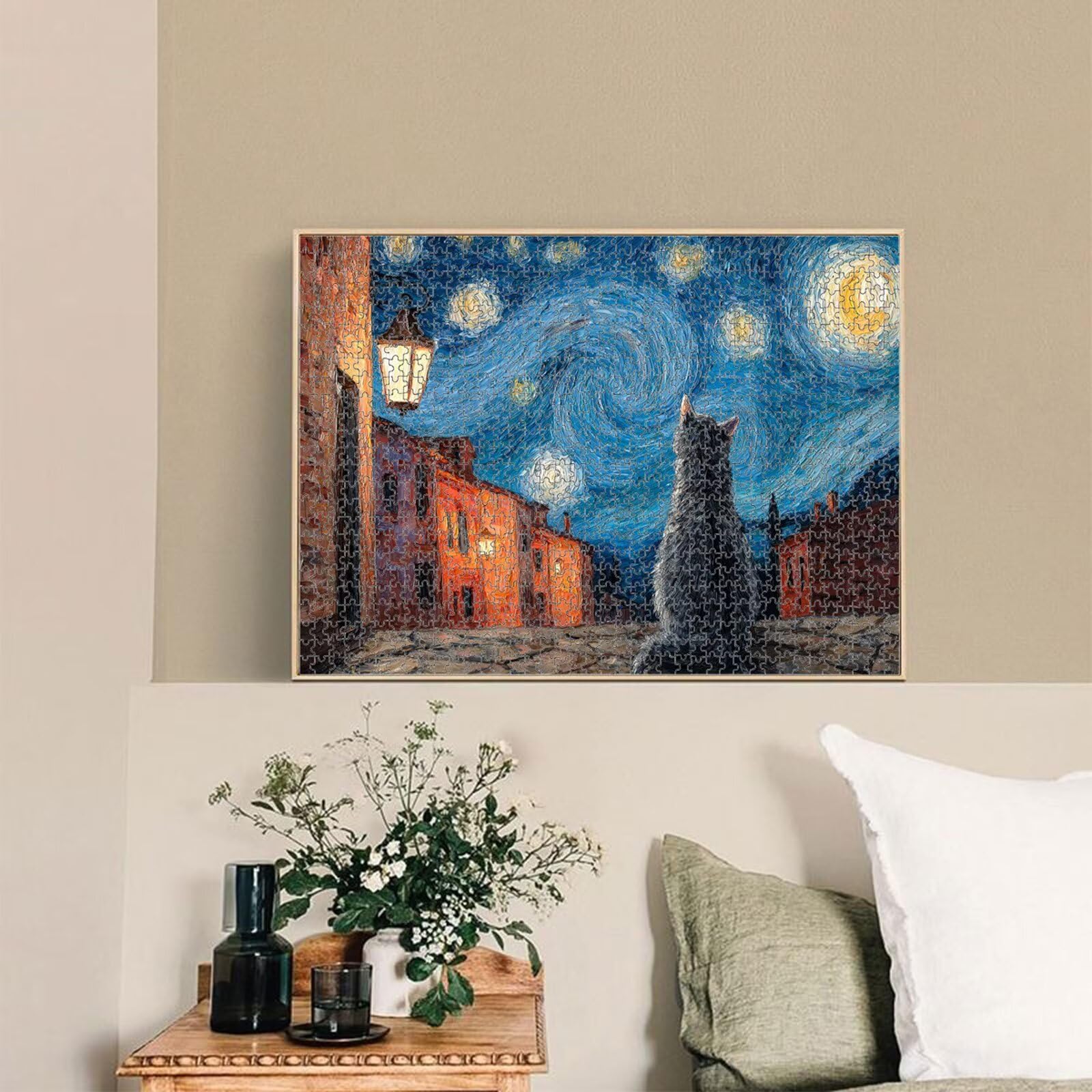 1000 Pièces Puzzle Adulte Ciel étoilé & Chat Puzzle en Bois Robuste 1T#78 | Puzzle en Bois, Découpe de Précision, Encres aux Couleurs Vives, Loisir Relaxant, Décoration Intérieure, Cadeau, 50x75cm
