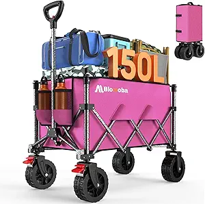 Collapsible Wagon Cart, 150L Heavy Duty Foldable Beach Wagon with Wider Wheels & Auto-Rebound Handle, Utility Grocery Shopping Cart for Garden, Shopping, Camping, Sports, Pink