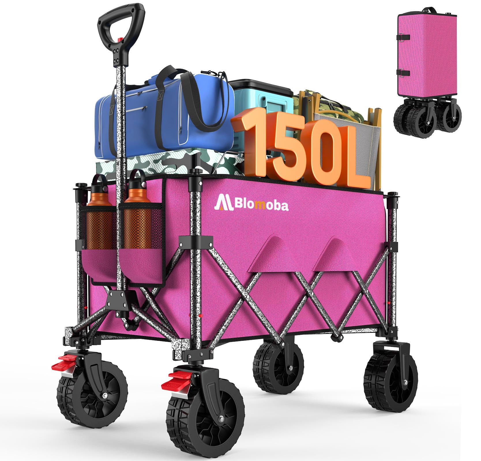 Blomoba Collapsible Wagon Cart, 150L Foldable Wagon with Wide Wheels, Pink