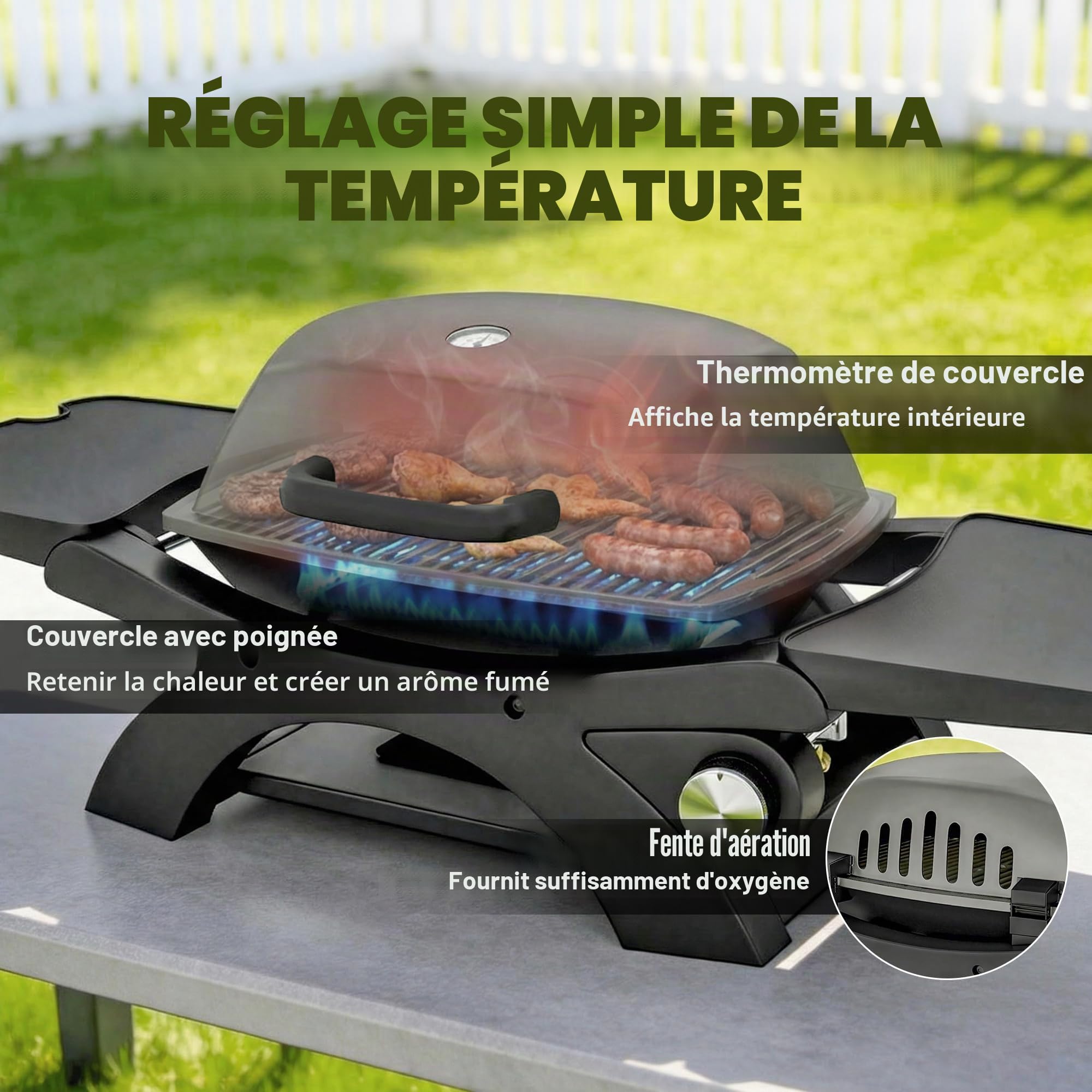 Outsunny Barbecue à gaz portable de 3,3 kW avec 1 brûleur, tables latérales pliables en fonte, grilles de cuisson en fonte, bac récupérateur de graisse, thermomètre, crochet, barbecue à gaz de table