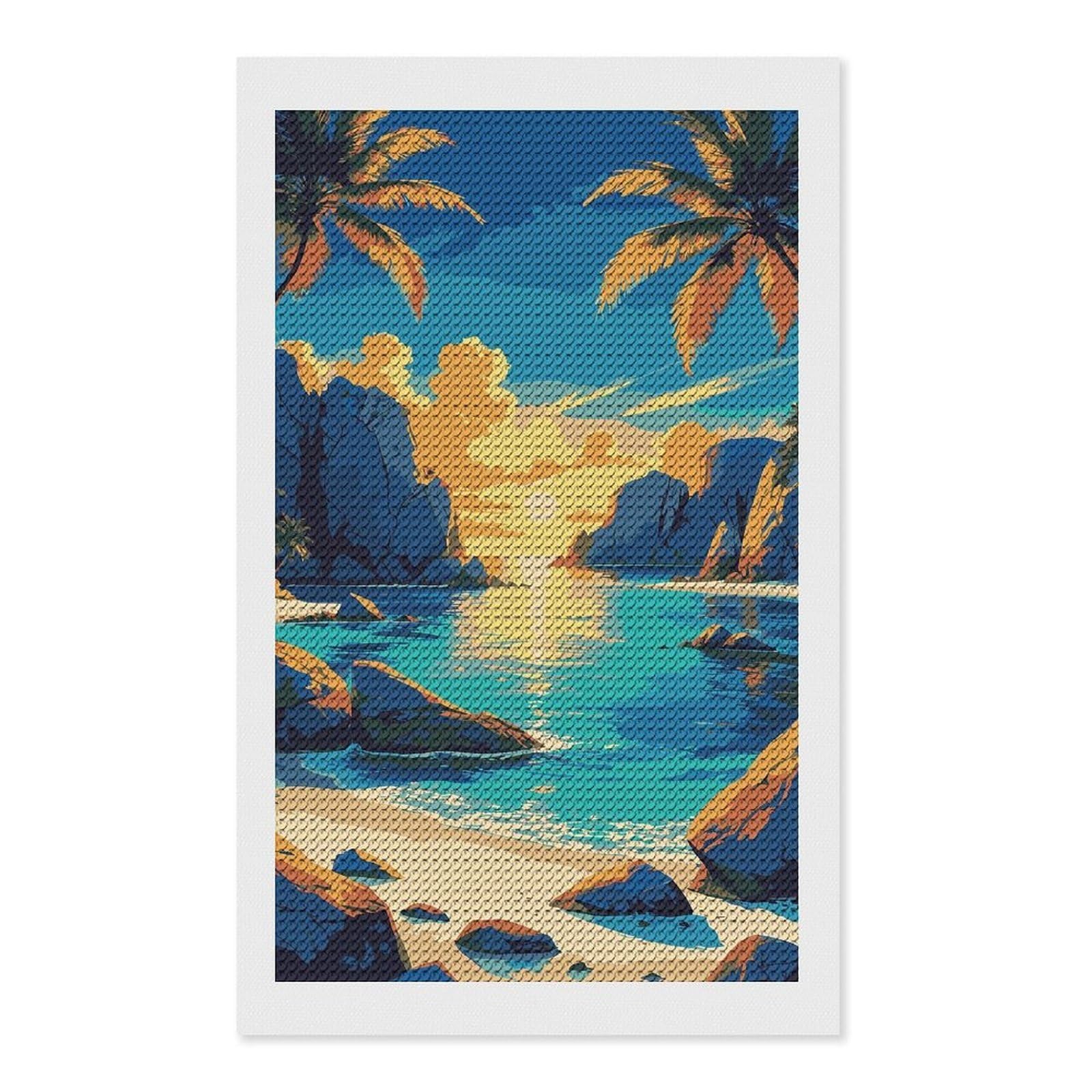 Junmoney Tropical Beach Sunset Illustration Round Drill Diamond Painting 12"x20", for Women, Relaxing DIY Hobby, Bedroom Decor, Christmas Gift, Adhesive Canvas