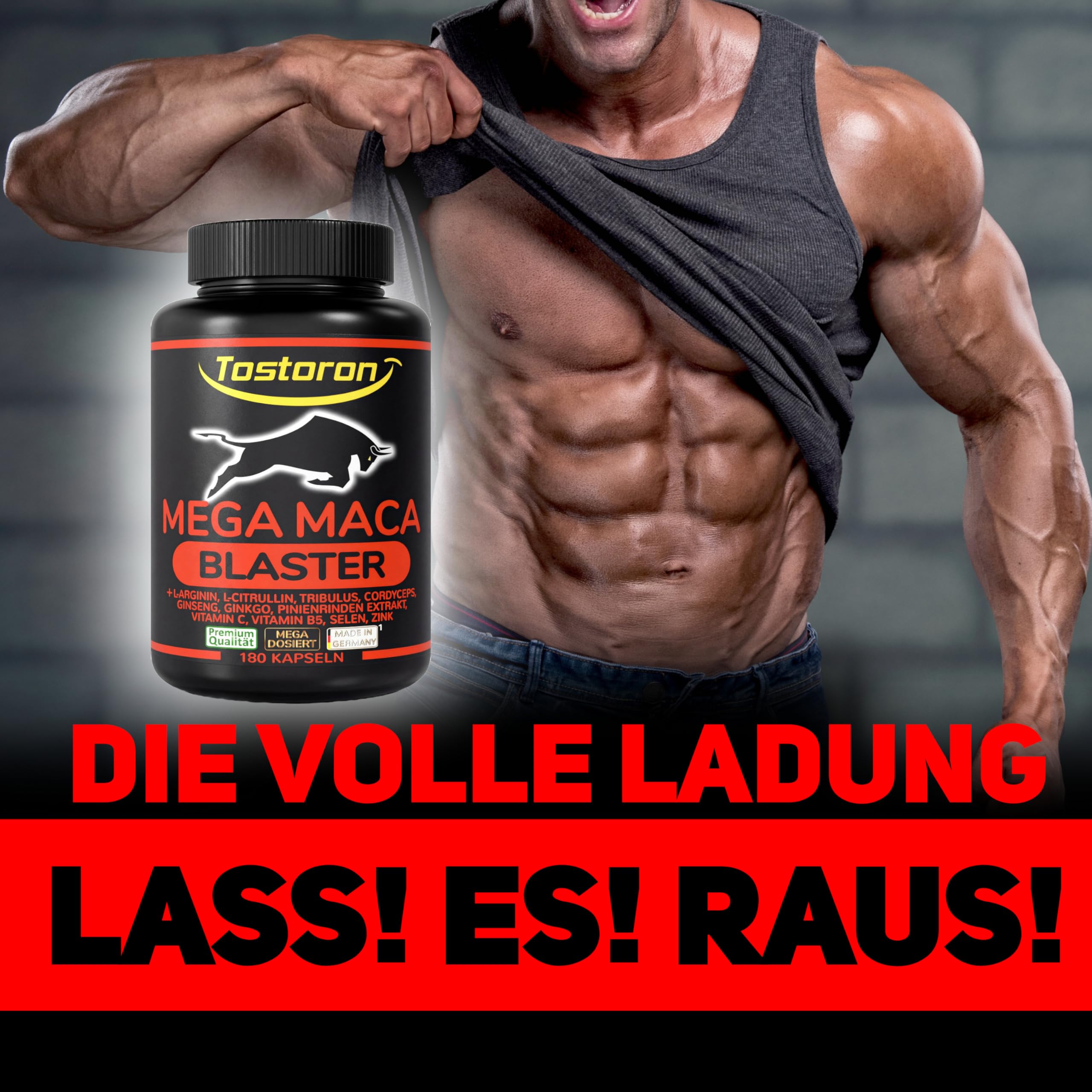 Tostoron MEGA MACA BLASTER hochdosiert - hol dir jetzt den TOSTORON HAMMER direkt nach Hause! 180 Kapseln MACA SCHWARZ, L-Arginin + Citrullin, Tribulus, Cordyceps, Pinie, Selen, Zink 1 Dose (1x158,4g)