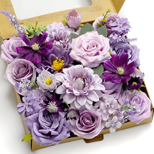 Artificial Flower Purple Combo Box Set Fake Rose Dahlia for