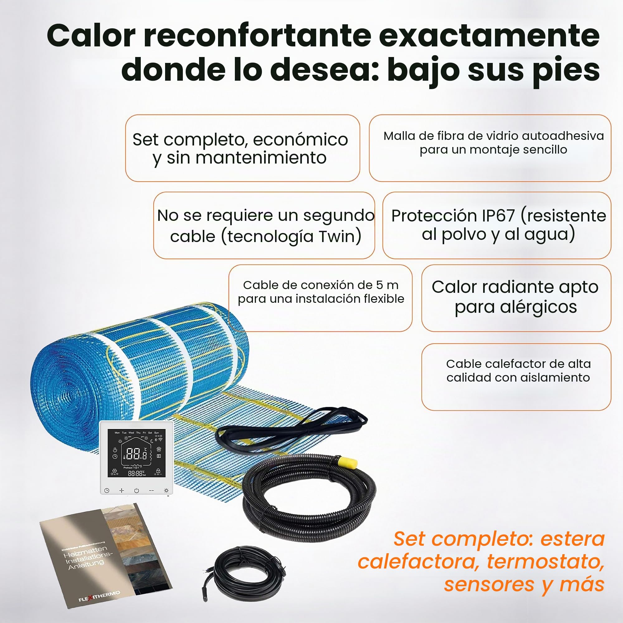 Flexithermo™ Standart kit suelo radiante eléctrico, calefacción por suelo radiante I suelo calefactable incl. termostato digital con programa semanal, potencia calorífica 150 W/m² (2,0m x 0,5m; 1m²)