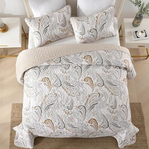 Miniatura 5 de WONGS BEDDING Juego de edredón bohemio de gran tamaño, tamaño Queen, juego de colcha con estampado floral de cachemira beige con 2 fundas de