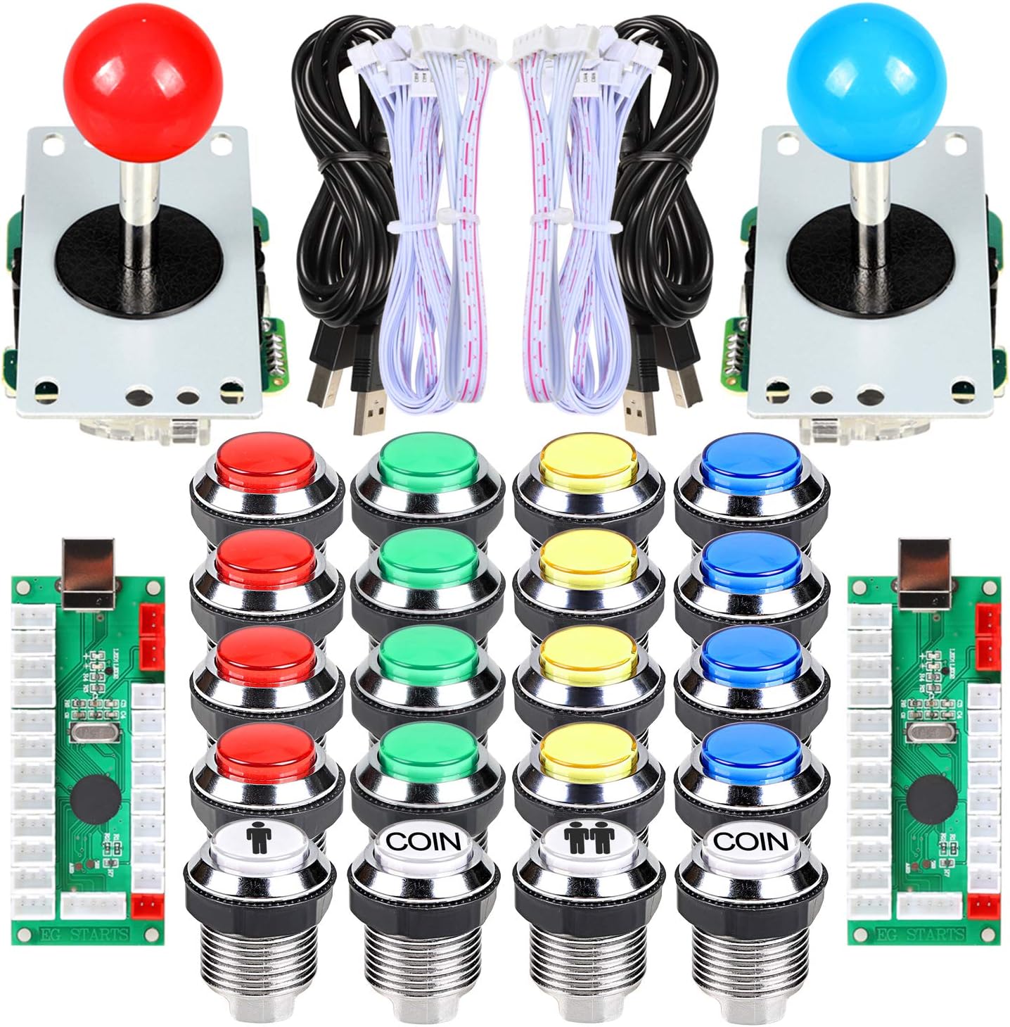 EG Starts 2 Player Classic Arcade Contest DIY Kits USB Encoder To PC Joystick + 8 Ways Sticker + Chrome Plating LED Illuminated Push Button 1 & 2 Player Coin Buttons For Arcade Mame Raspberry Pi Games