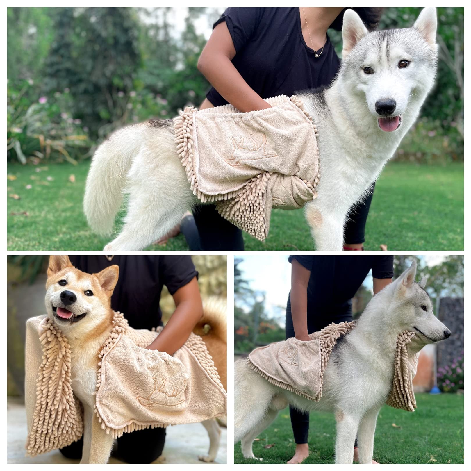 Tuff Pupper Toalla de Secado rápido para Perros | Shammy de Microfibra Ultra Absorbente | Toalla de baño para Perros Extra Grande de 85 x 35 cm | Cómodos Bolsillos para Las Manos