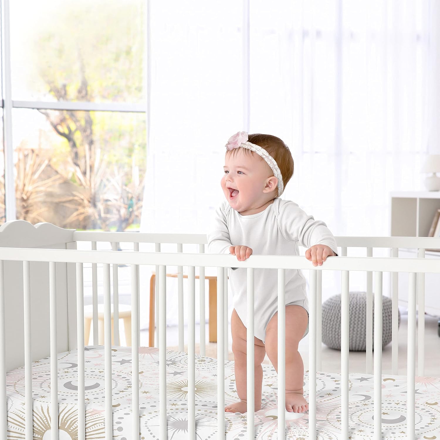Sweet Jojo Designs Fitted Baby Crib Sheets (Stars and Moon) for Girls, Infant Nursery, Toddler Room - Standard Size (Celestial, Sky, Star, Classic, Outer Space, Grey, Blush Pink and Gold, Gray)