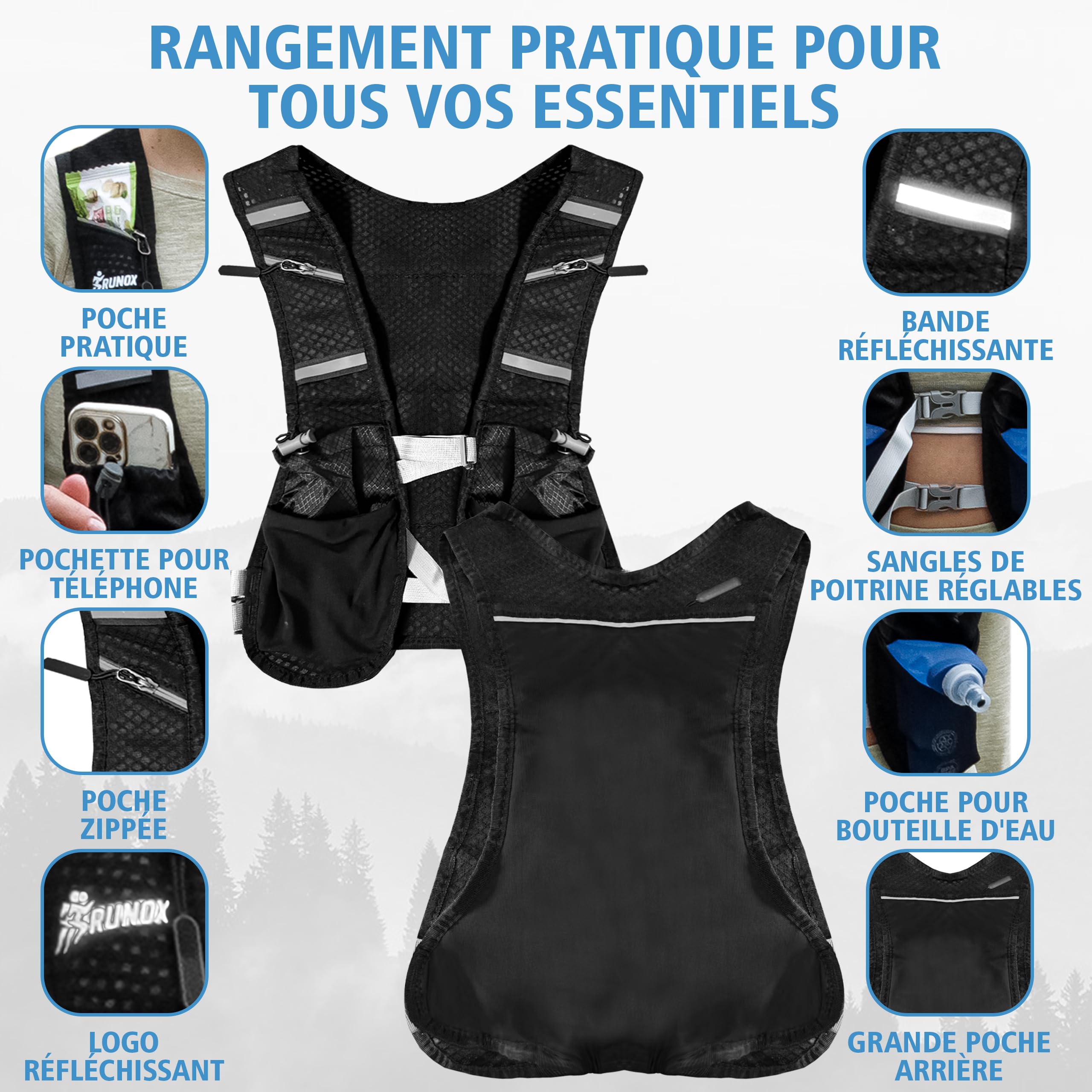Gilet Hydratation Running – Veste Running Homme/Femme Ultra-Légère avec 2× Gourdes 500 ML + Poche à Eau 2 L – Gilet Trail, Course à Pied, Sac Hydratation Running Ajustable et Respirant