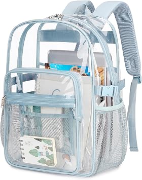 abshoo Big Heavy Duty Clear Backpack for School Girls Boys Transparent Bookbag for Middle High School Baby Blue