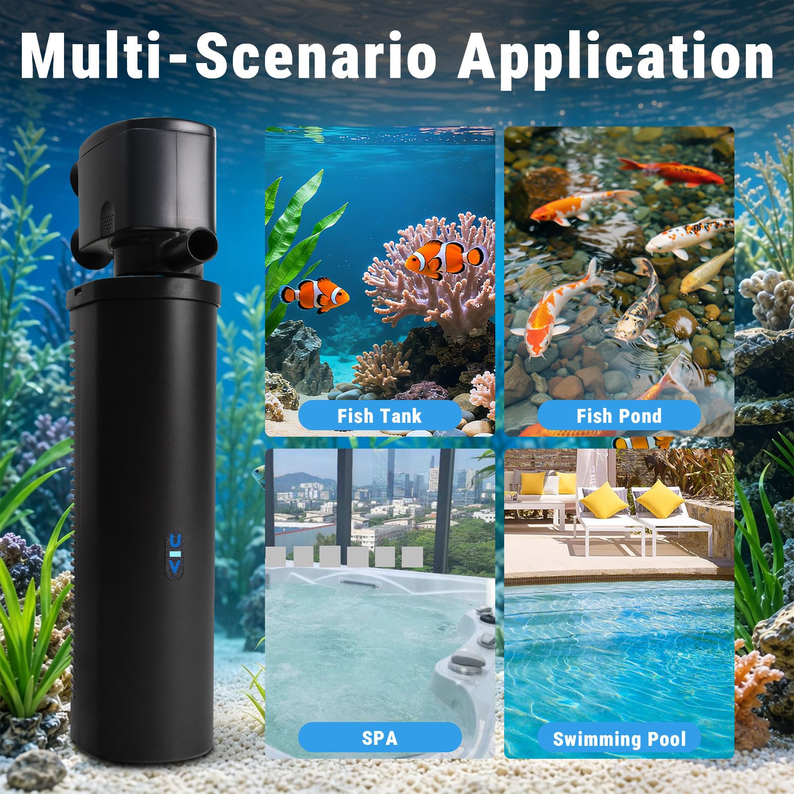 coospider-repta Filtre UV pour Aquarium de 200 l/h - pour Aquarium de 200 à 270 litres - Grand réservoir de Tortues - pour Eau Douce et salée - pour Eau Douce et salée