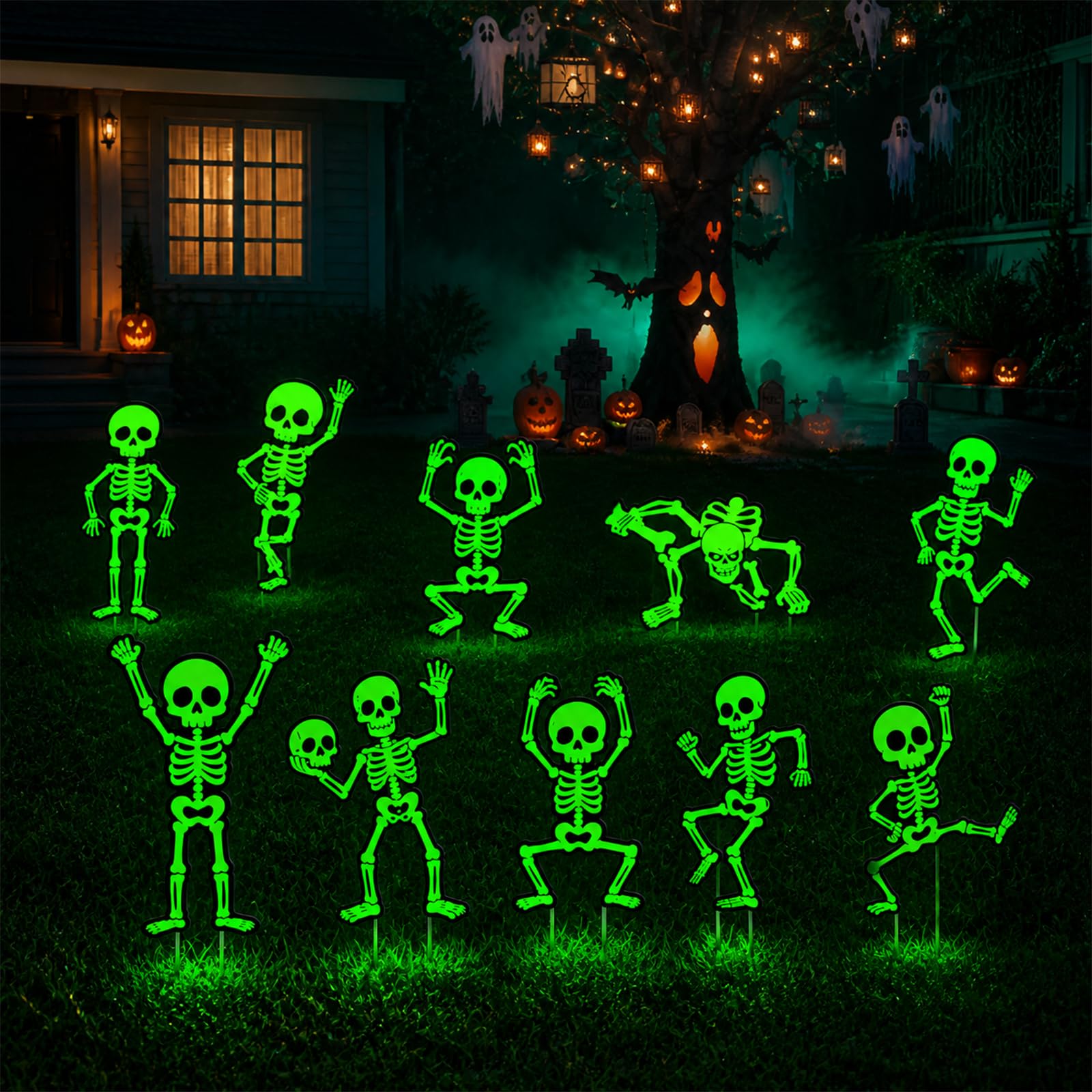 10Pcs Halloween Outdoor Yard Signs, Glow in The Dark Skeleton Decorations with Stakes, Luminous Skeleton Lawn Decor for Garden, Graveyard, Front Porch, Haunted House and Party Display