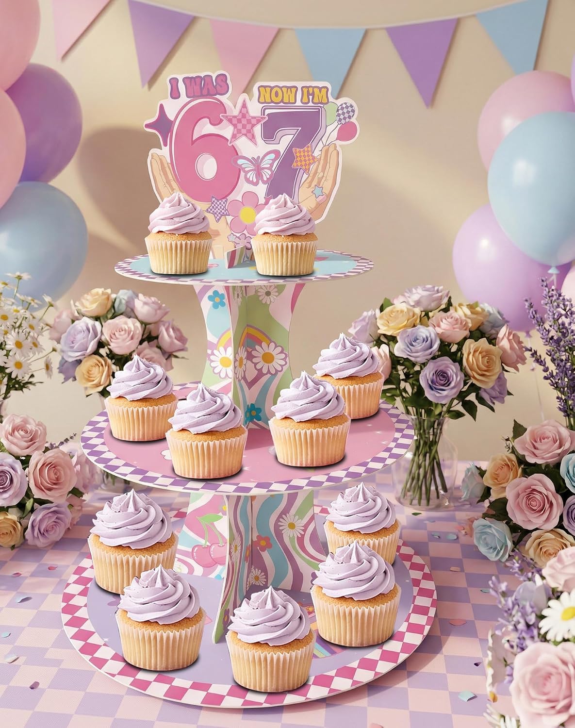 Pink 6 7 Birthday Party Decorations, I Was 6 Now I'm 7 Cupcake Stand & Dessert Tower
