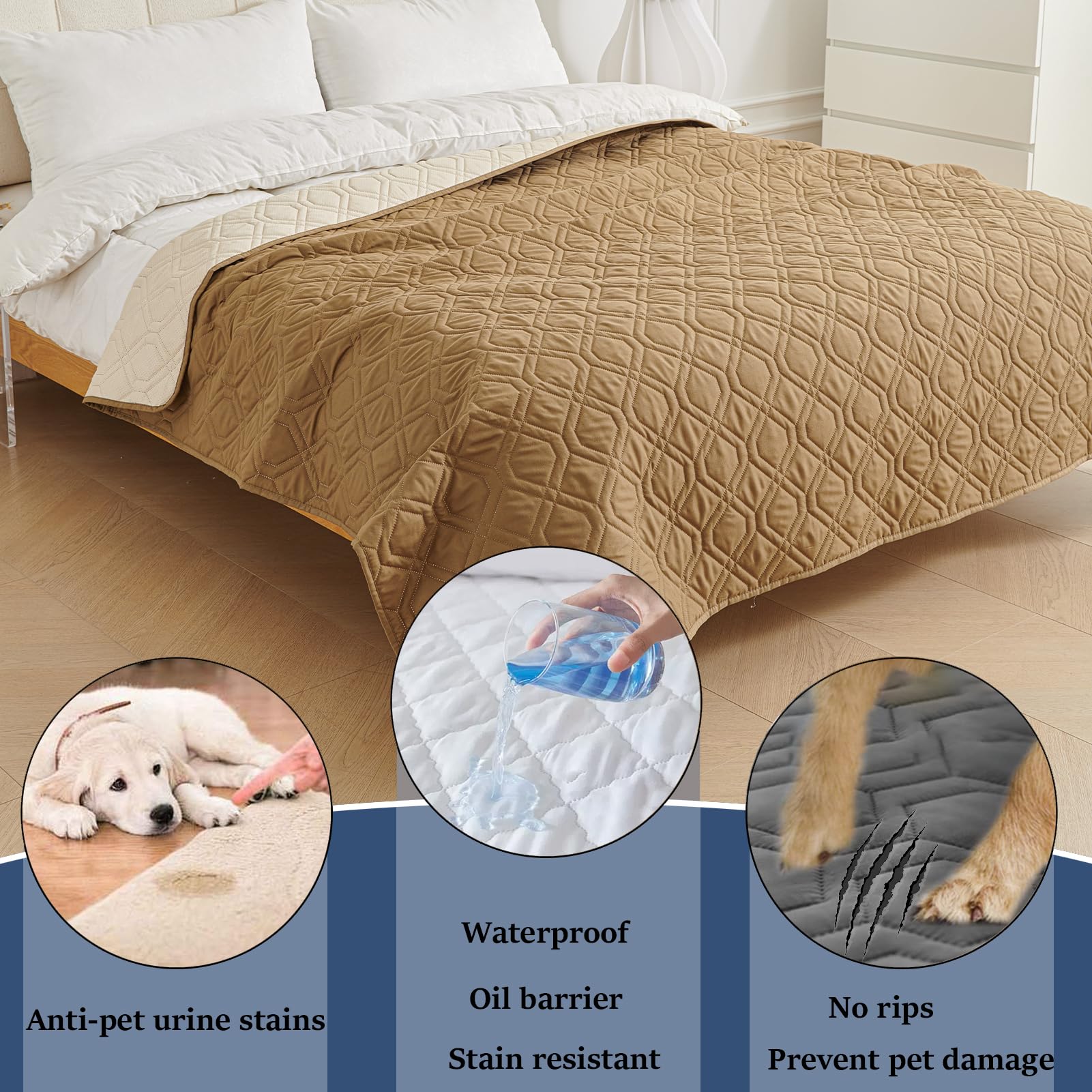 Funda de cama impermeable de doble cara para perro, manta antideslizante y protector de sofá para mascotas, antiarañazos, ideal para perros y gatos, uso en interiores y exteriores (210 x 260 cm, caqui