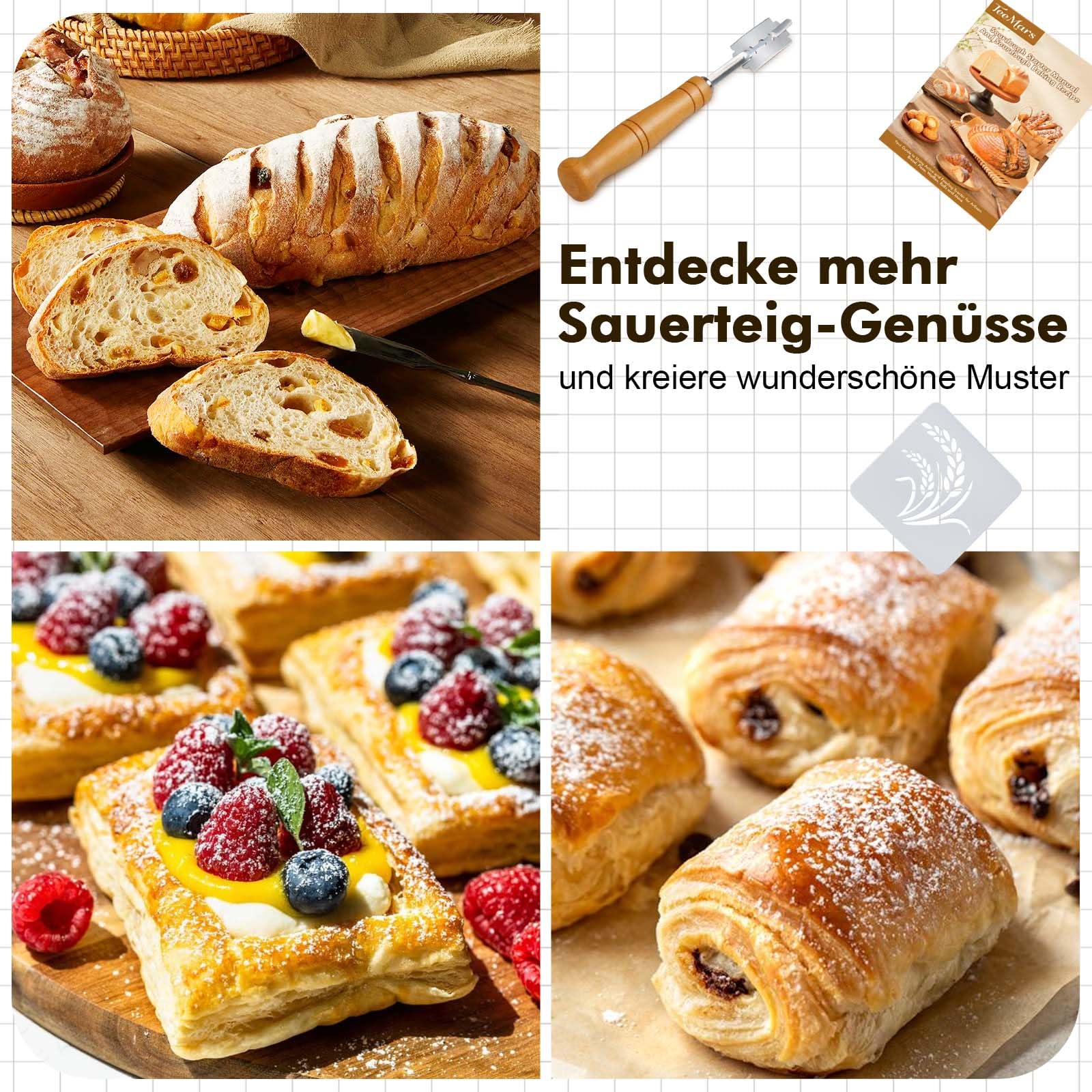 BakeEase Sauerteig-Set für Anfänger, 1200ml Sauerteigglas, 2 Gärkörbchen aus Silikon, Thermometer, Fütterungstracker, Sauerteigrezept, Dutch Oven Sling, Schaber, 18-teiliges Sauerteig-Starter-Set