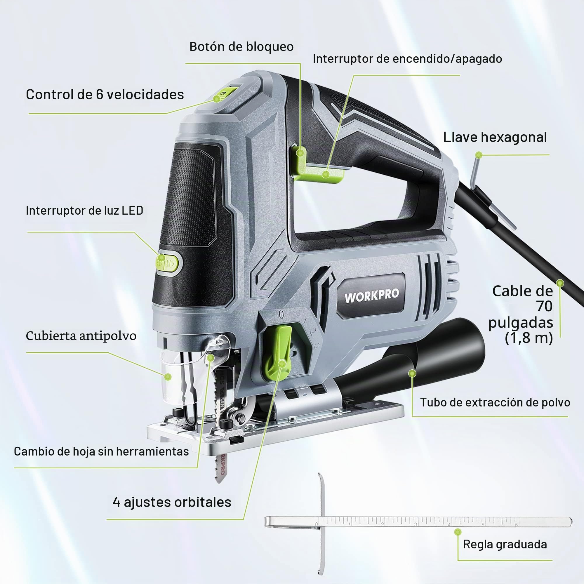 WORKPRO 850W Sierra de calar, con 6 velocidades y 4 posiciones orbitales, función de soplado de polvo, LED luz, ángulo de corte de ±45°, con tubo y regla guía, incluye 7 hojas de sierra
