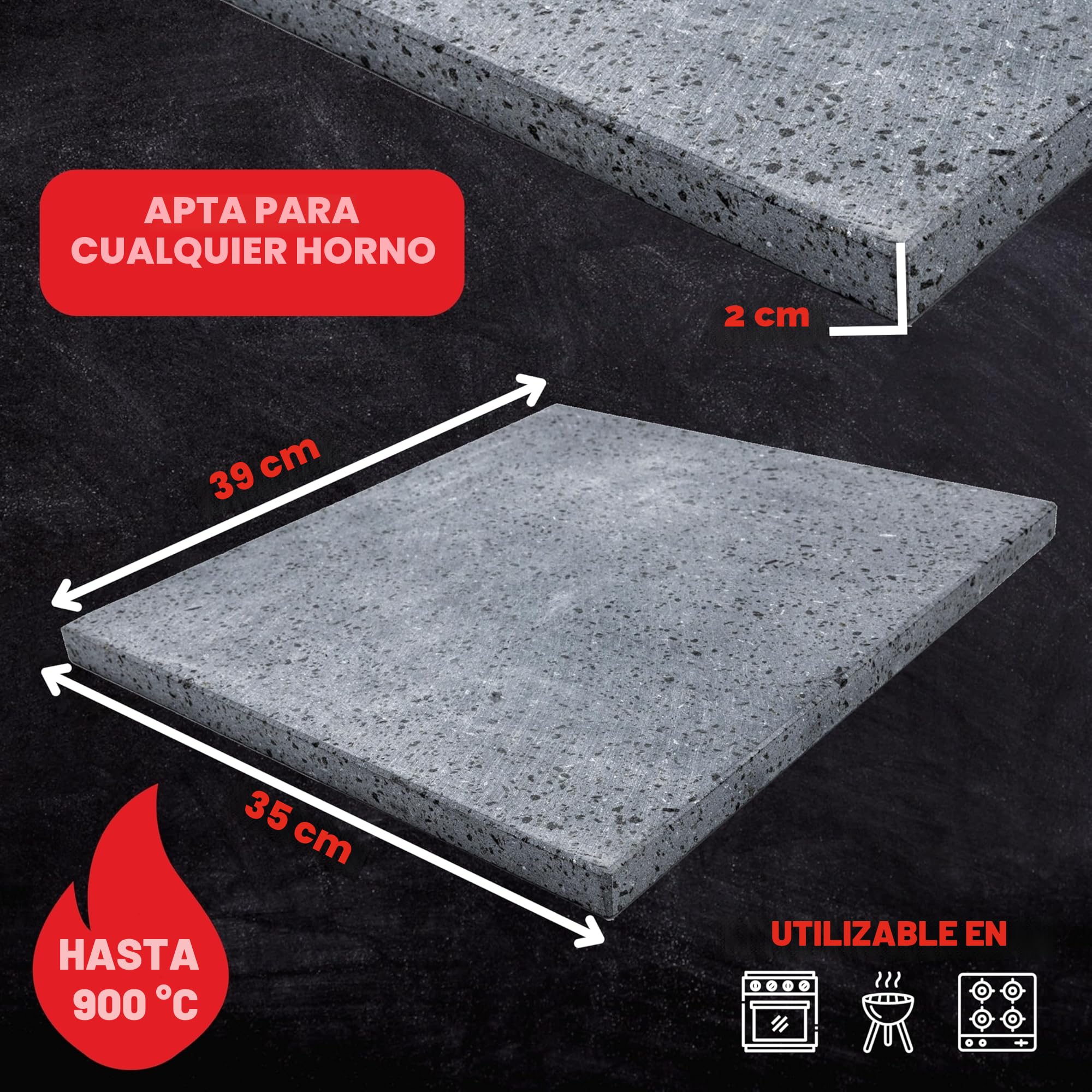 Cuore Lavico - Kit de placa refractaria en piedra volcánica del Etna, ideal para pizza, medidas 39 x 35 2 cm, incluye pala, horno a gas, eléctrico y barbacoa, pan un producto Made in Italy