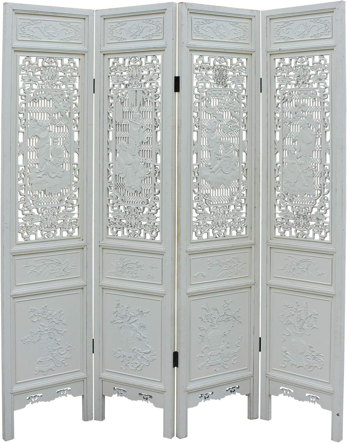 Chinese Distressed Off-White Lacquer 8 Immortal Wood Panel Floor Screen Acs5093