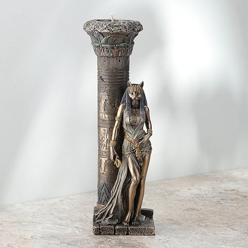 Miniatura 3 de Estatuas de resina Veronese de diosa egipcia Bastet apoyada en pilar, estatua de pilar, 3 x 10.75 x 4.5 pulgadas, marrón