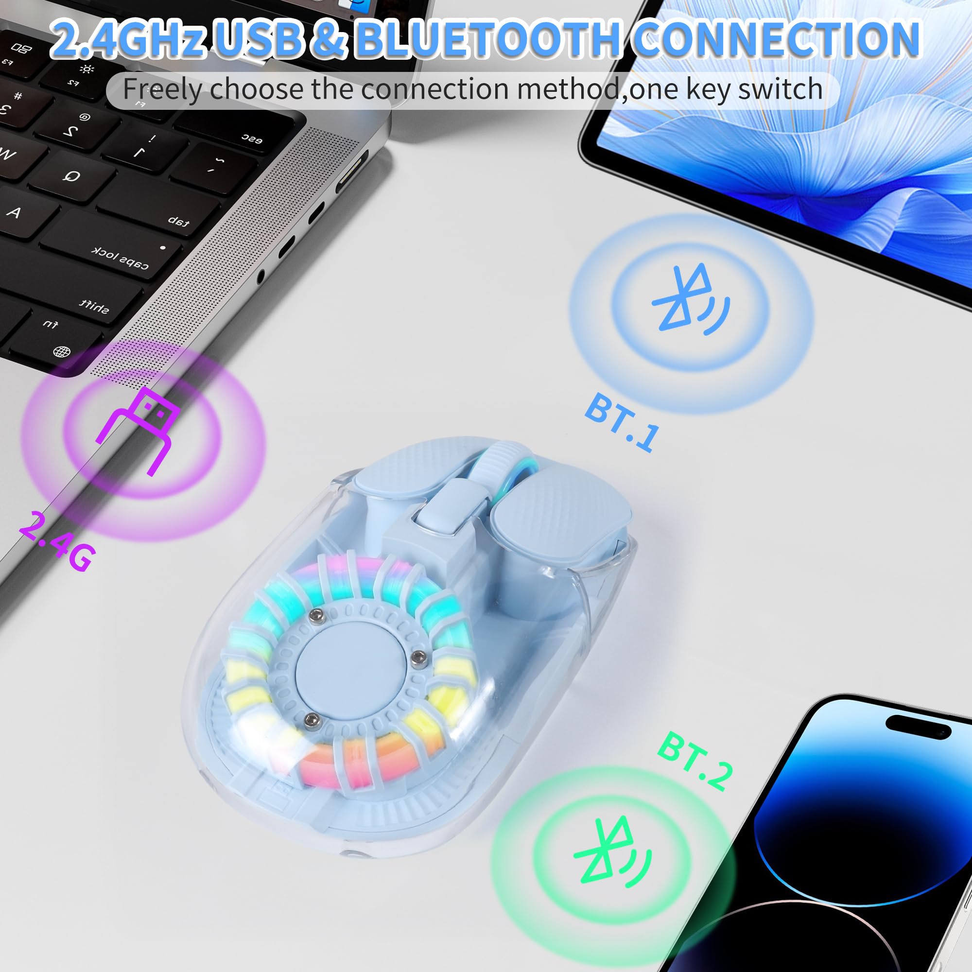LIKE SHOW Mouse Bluetooth senza fili con ricevitore Nano USB, Tri-Mode (BT5.1+ BT5.1 + 2.4 GHz), mouse wireless silenzioso ricaricabile, copertura trasparente, mouse RGB per laptop, PC, iPad, Mac, blu