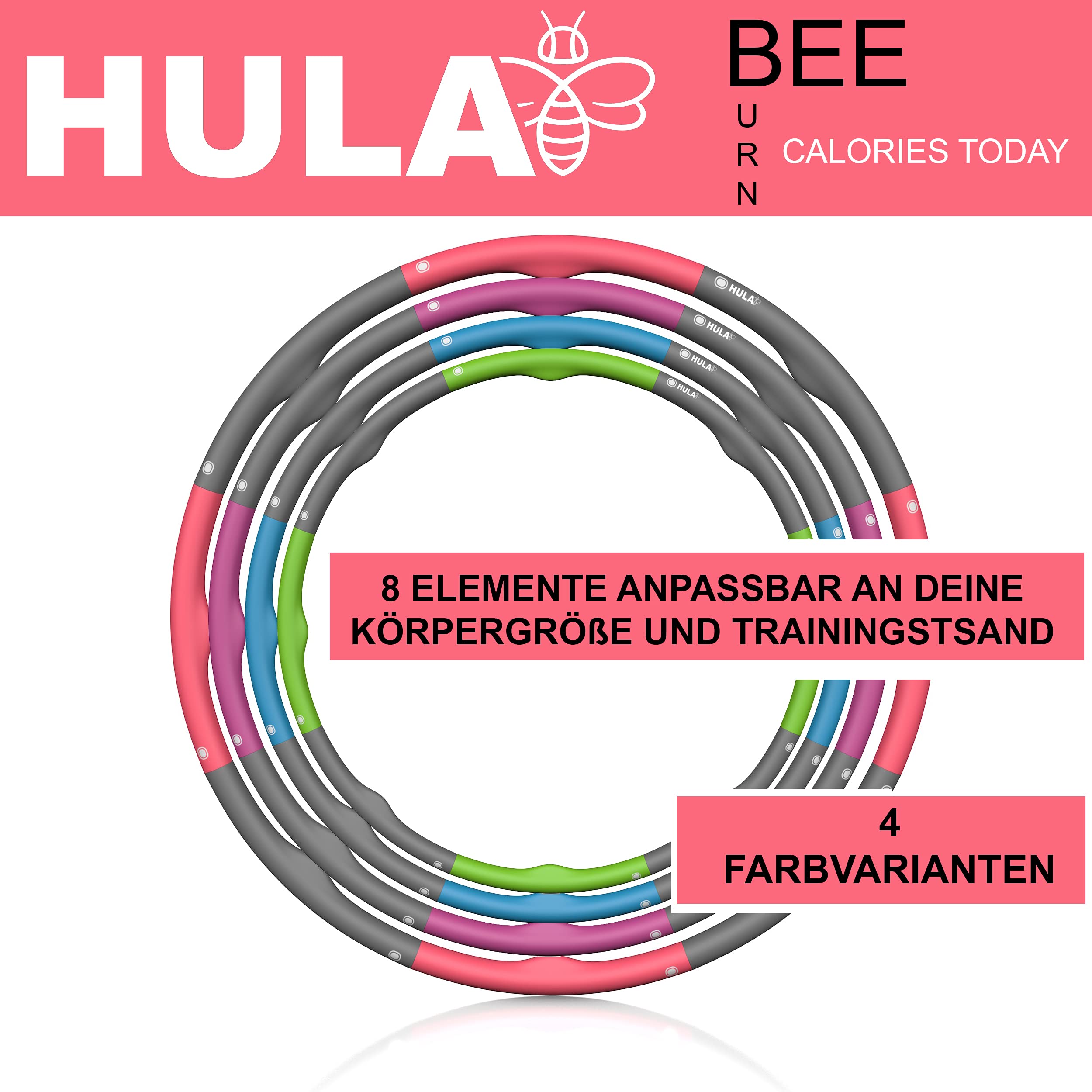 HEGG HULABEE Professioneller Hula-Hoop-Reifen zum Abnehmen leicht gemacht, 8 Elemente, universell anpassbar, Workout & Training für Erwachsene und Kinder, Blau/Grau