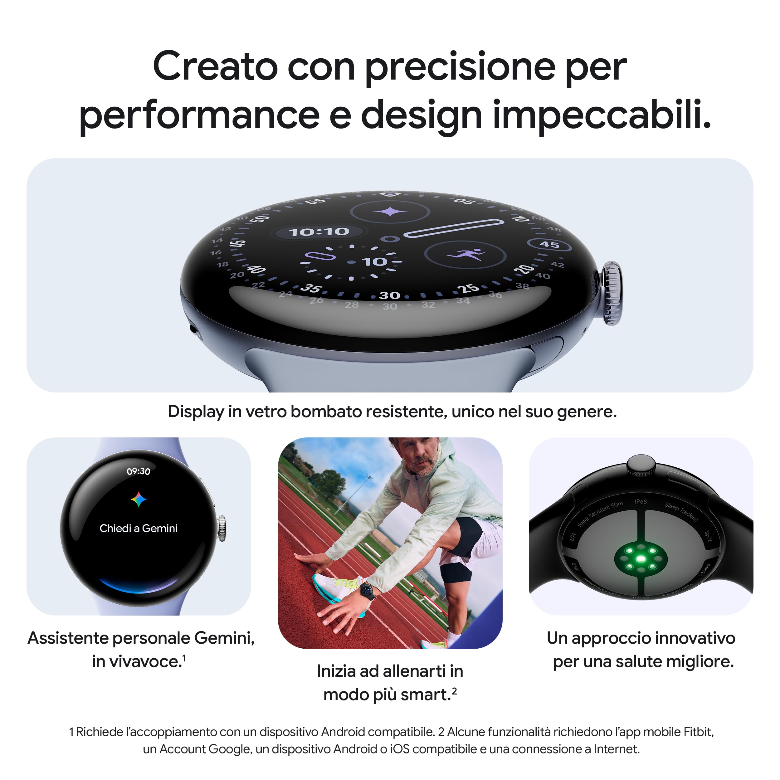 Google Pixel Watch 4 (45 mm) - Smartwatch Android con tracker per fitness e benessere, e assistente virtuale Gemini - Cassa in alluminio argento lucido - Cinturino sportivo grigio creta - Wi-Fi