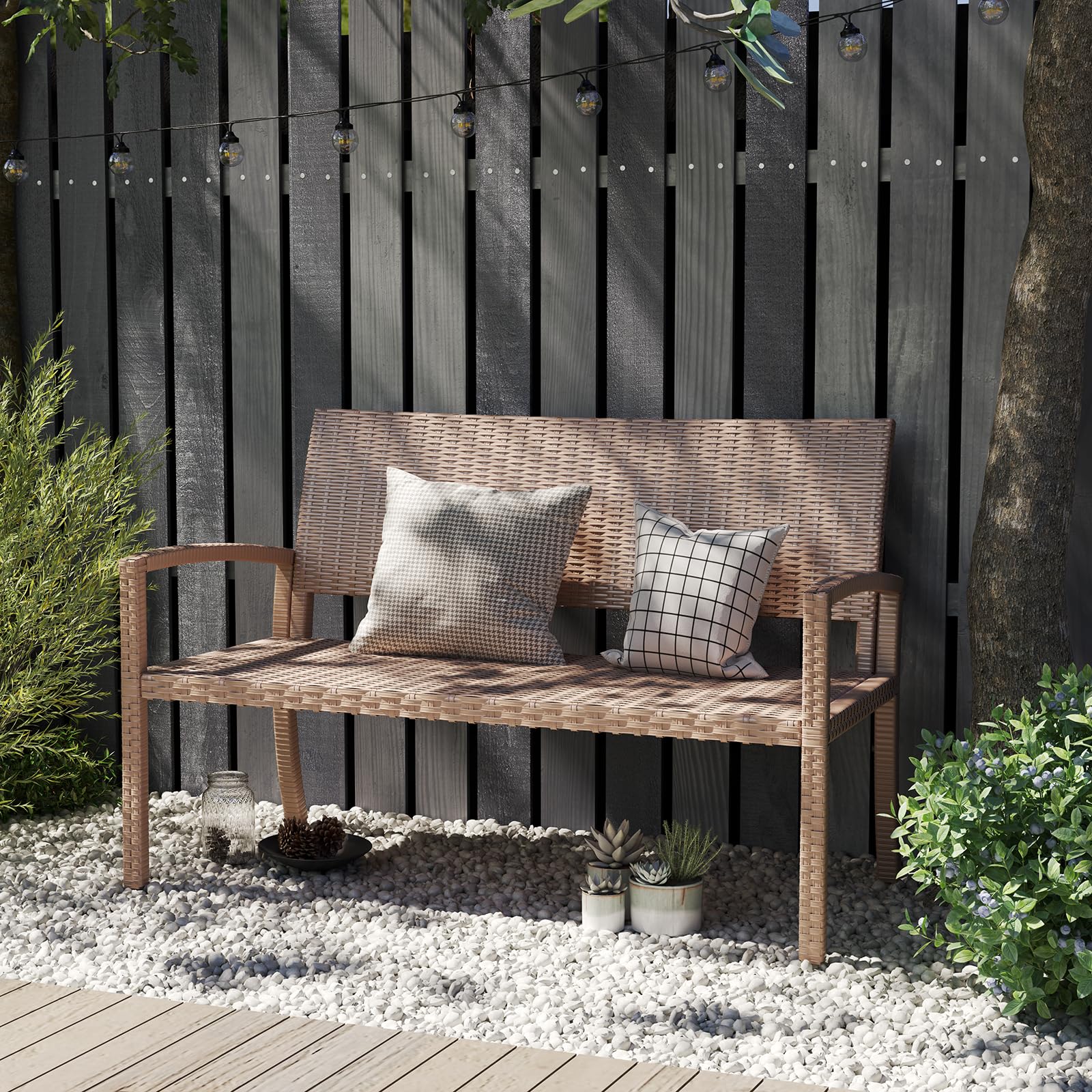 UDPATIO Gartenbank Wetterfest aus Polyrattan, Rattan Sitzbank Outdoor, Terrassenbank mit Armlehnen & Rückenlehne, Balkon Bank 320kg belastbar für Garten, Terrasse, Beige