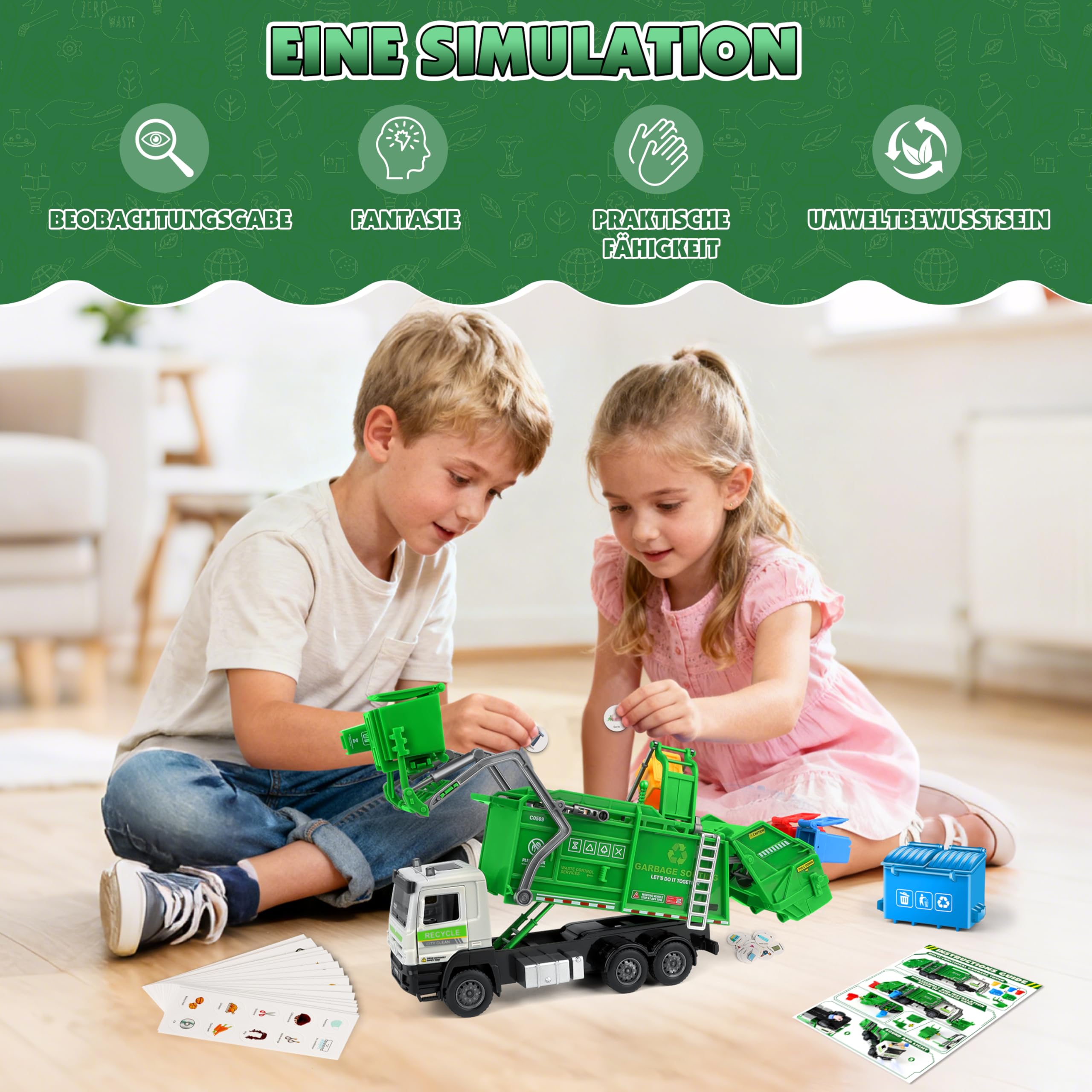 Charmofun Müllwagen Spielzeug, Müllauto Spielzeug mit 6 Mülleimer, 180 Müllkarten, Licht und Sounds, Müllabfuhr Auto Kinder Geschenk für ab 3 Jahren Jungen und Mädchen