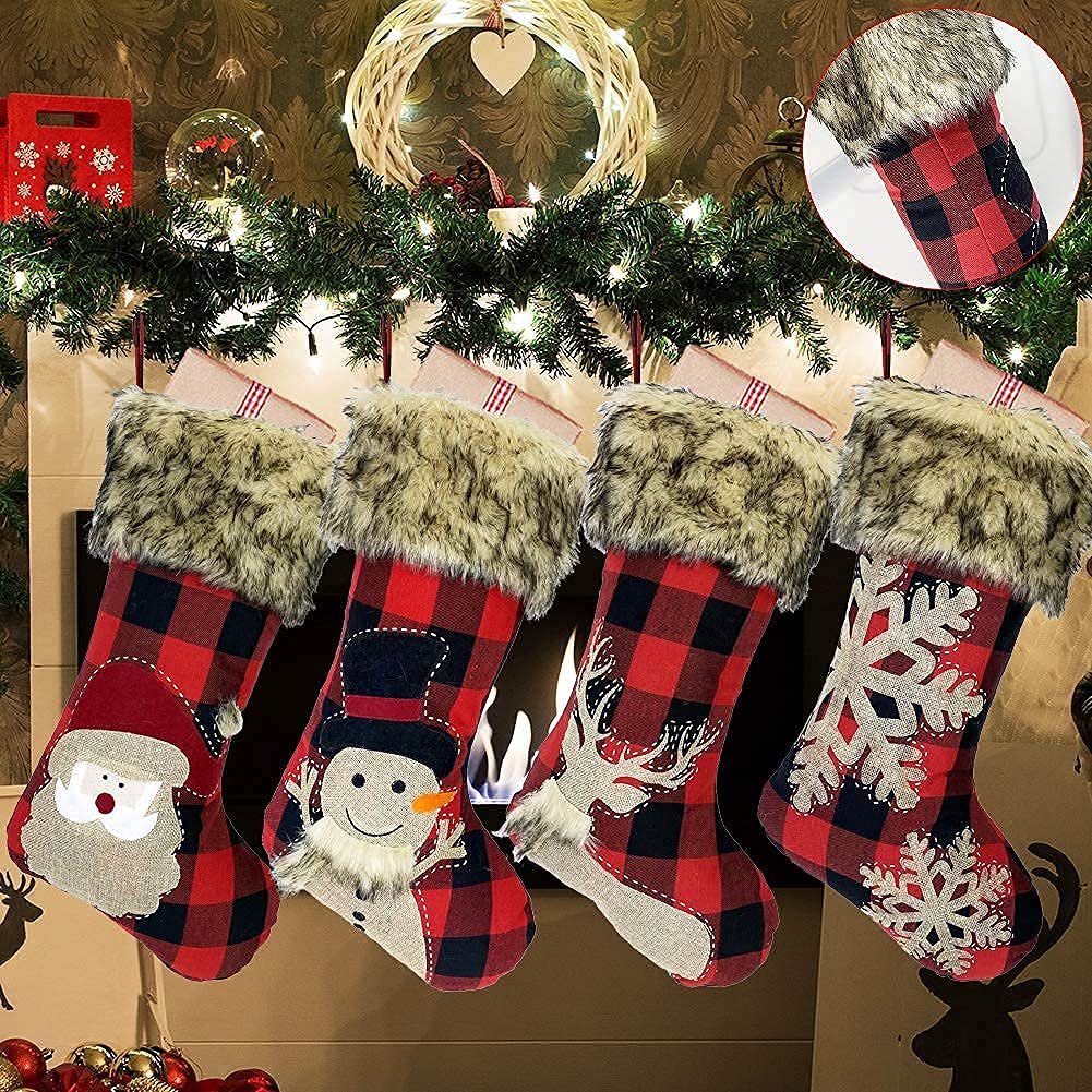 Weihnachtsstrümpfe, 4 Packungen, groß, 45,7 cm, rot, kariert, Weihnachtsstrümpfe, Kamin, hängende Strümpfe mit Plüsch-Kunstfell-Manschette, 4er-Pack, Large