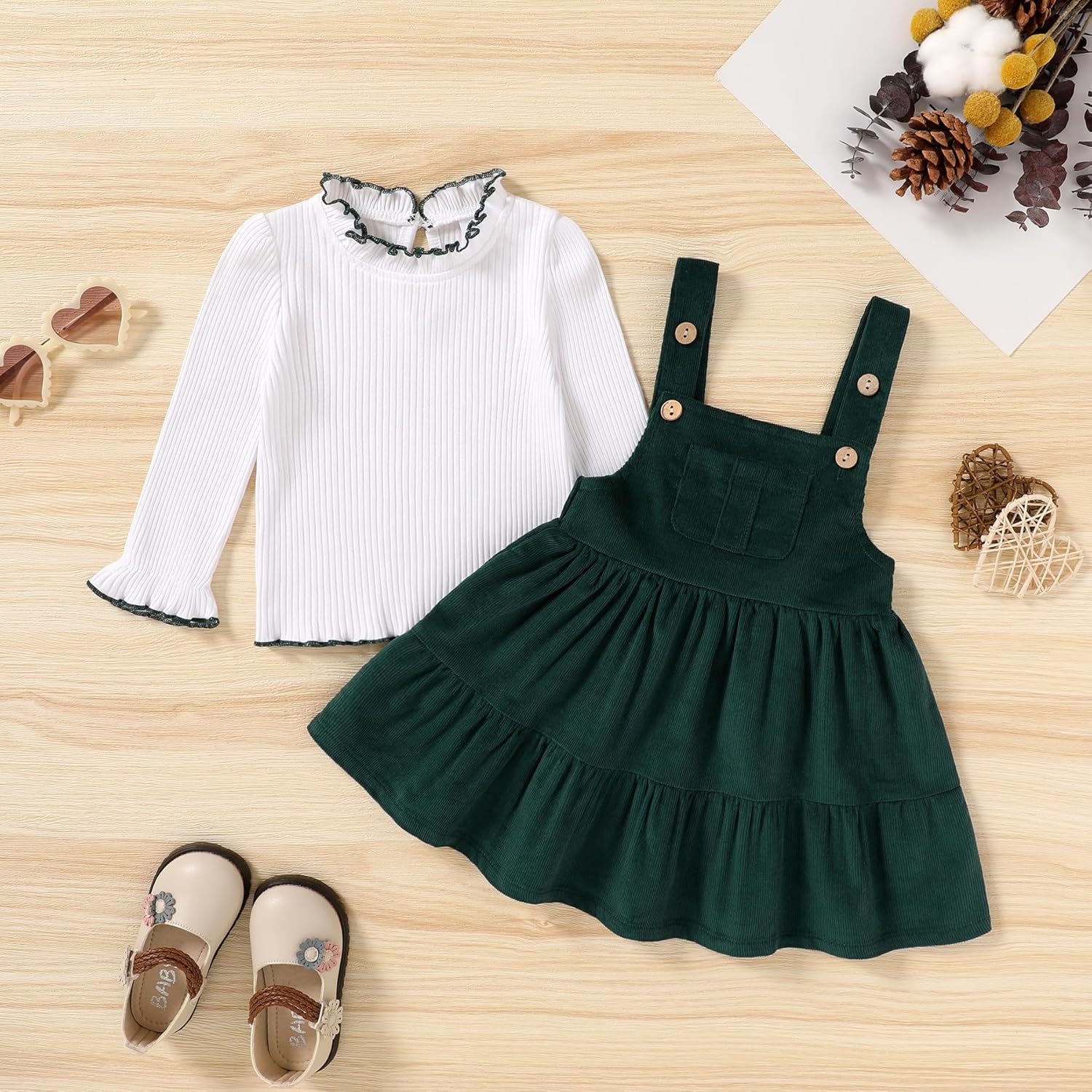 Happy Town Toddler Girl Clothes Long Sleeve Fall Outfits Ruffle Ribbed Floral Tops Overall Dress Set with Pocket - Image 3