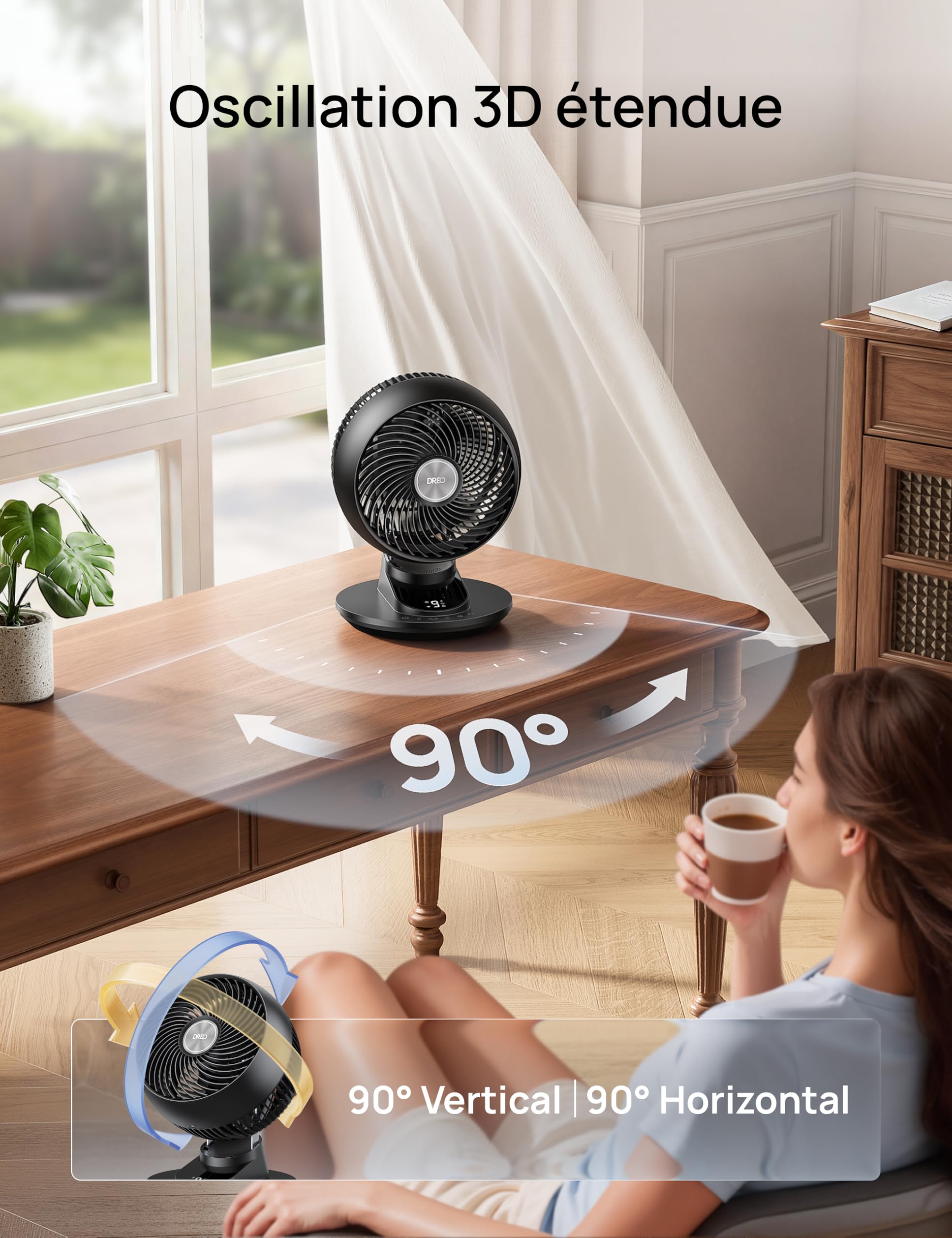 DREO ventilateur de table intelligent 3D pour chambre, flux d’air puissant 8,8 m/s, ultra silencieux 22 dB, oscillation 90°, contrôle app et vocal, 9 vitesses, minuterie 8/12 h pour maison et bureau.