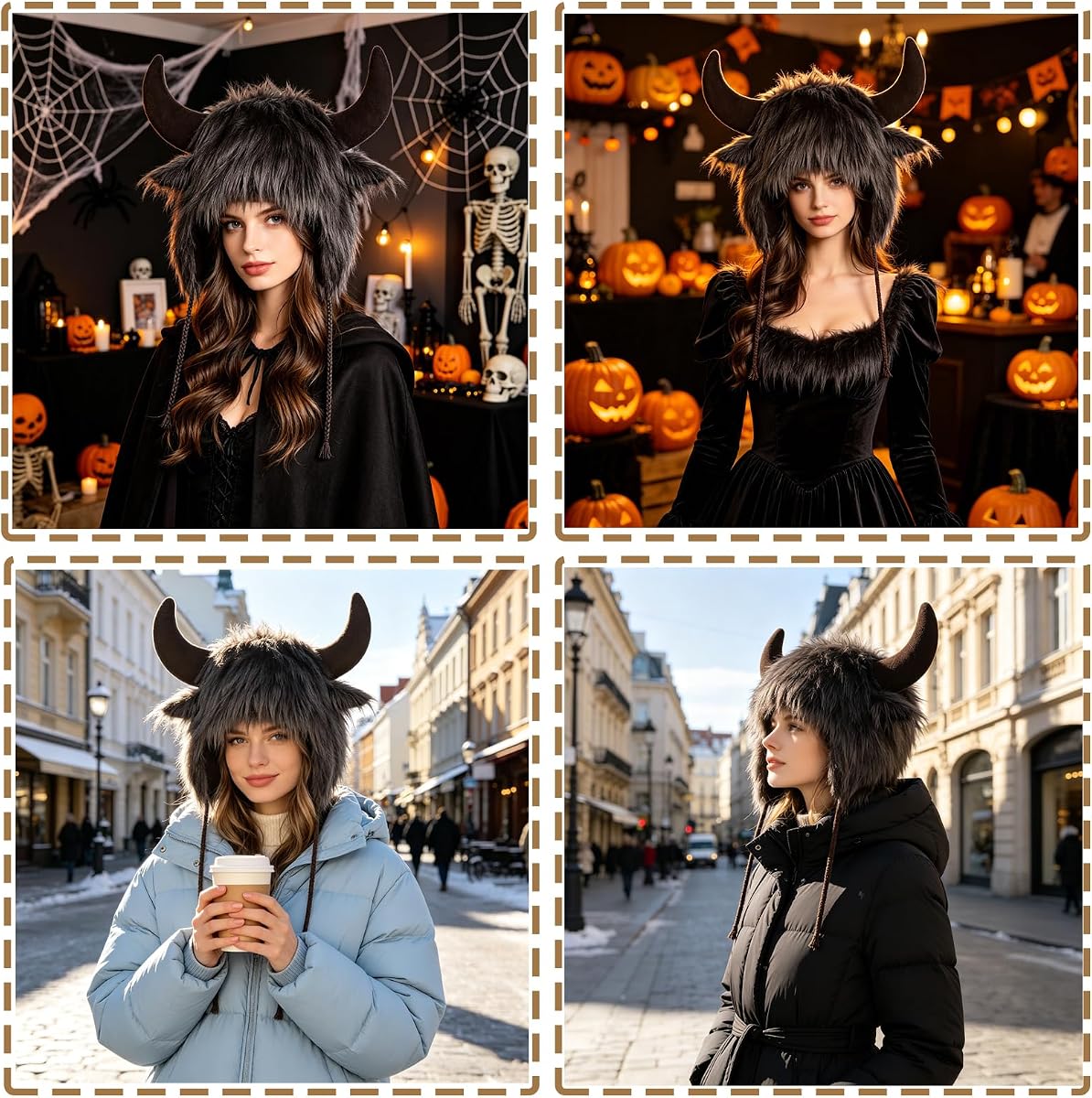 Winter Faux Fur Trapper Hat Warm Animal Plush Horn Earflaps Hat Novelty Fuzzy Costume Party Bull Hats Furry Snow Cap