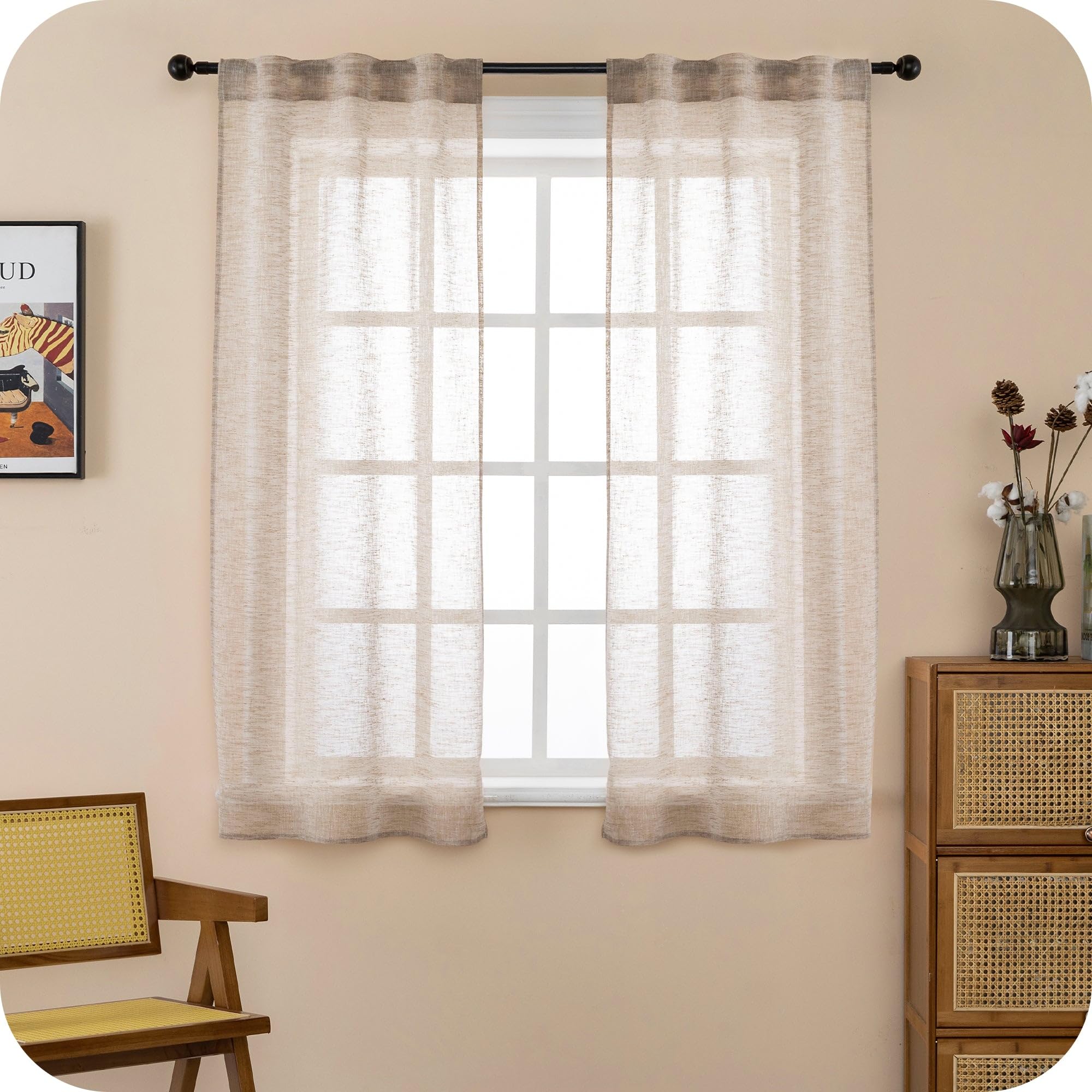 Rideaux filtrants simili lin beige Itaca pour fenêtre, paire de voilages tamisants 55x150