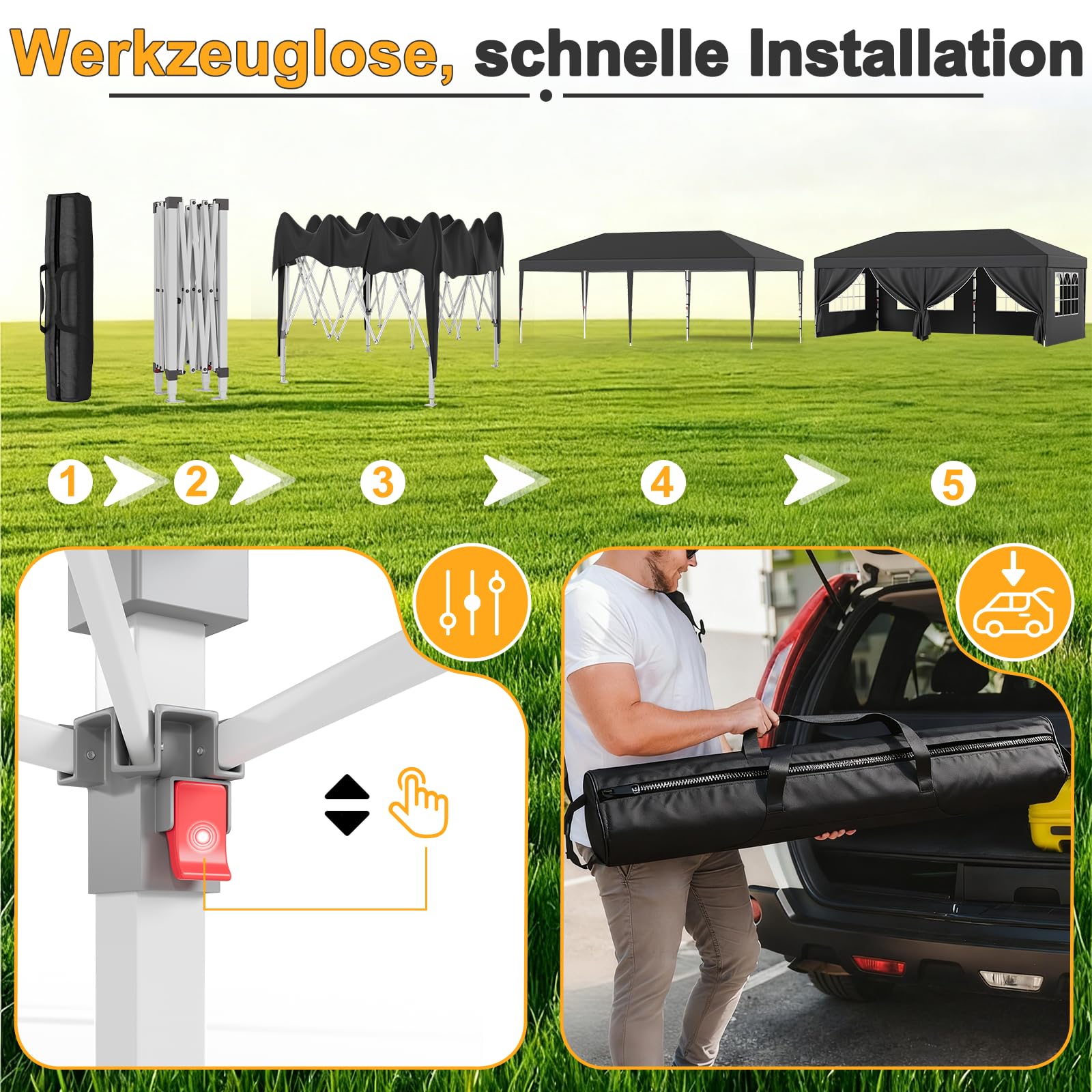 JUMMICO Pavillon 3x6 Wasserdicht Stabil Winterfest Höhe Verstellbar,Faltpavillon mit 6 Seitenwänden,Pavillon UV Schutz 50+,Gartenpavillon Faltzelt für Garten, Innenhof, Camping,Gazebo Hellgrau
