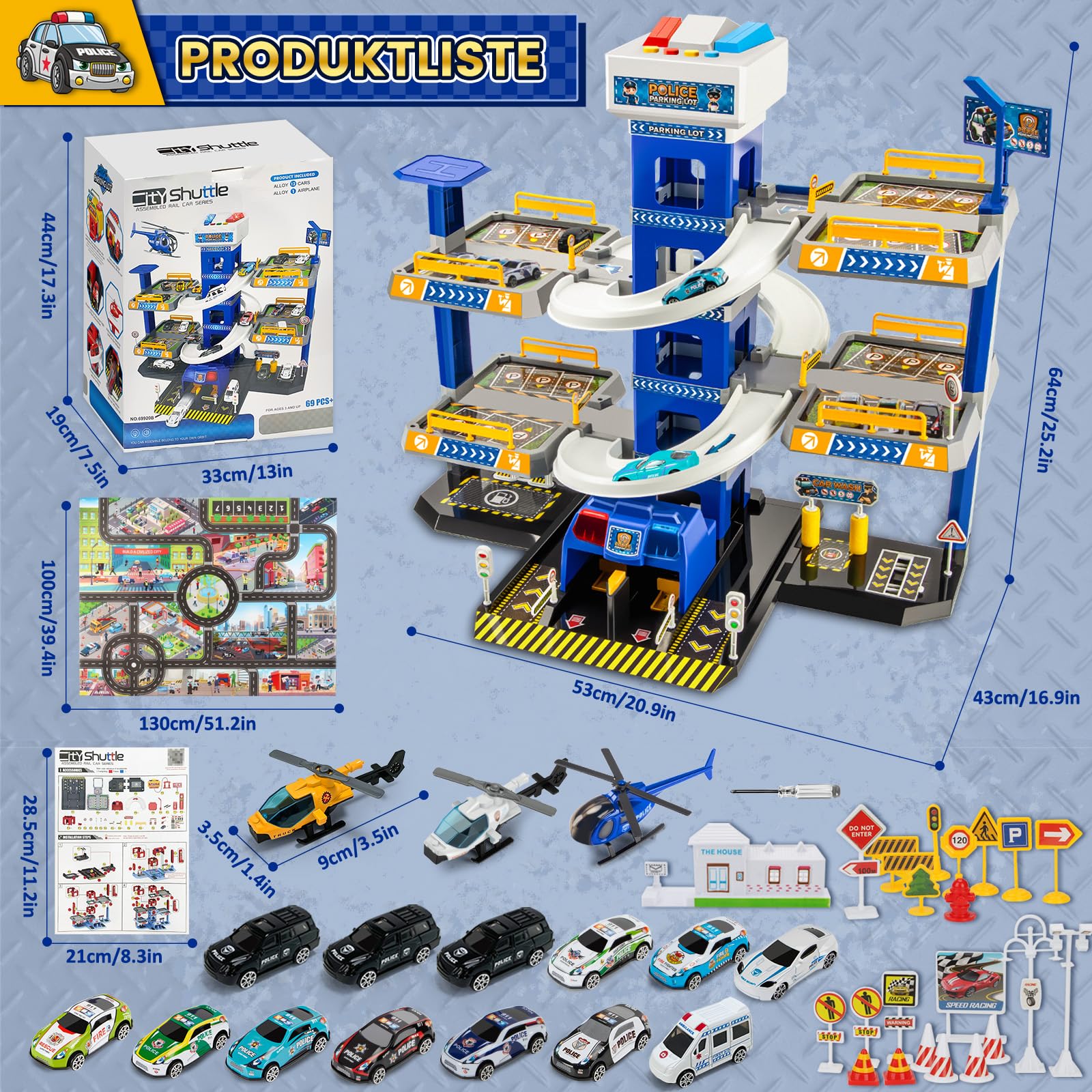 BuzzoXerex 5-stöckige Parkgarage für Kinder, Rennbahn mit 14 Spielzeugautos & 3 Hubschraubern, Parkhaus mit Aufzug, Autorennbahn & Licht‑Sound, Geschenk für Kinder 5–9 Jahre (Polizei)