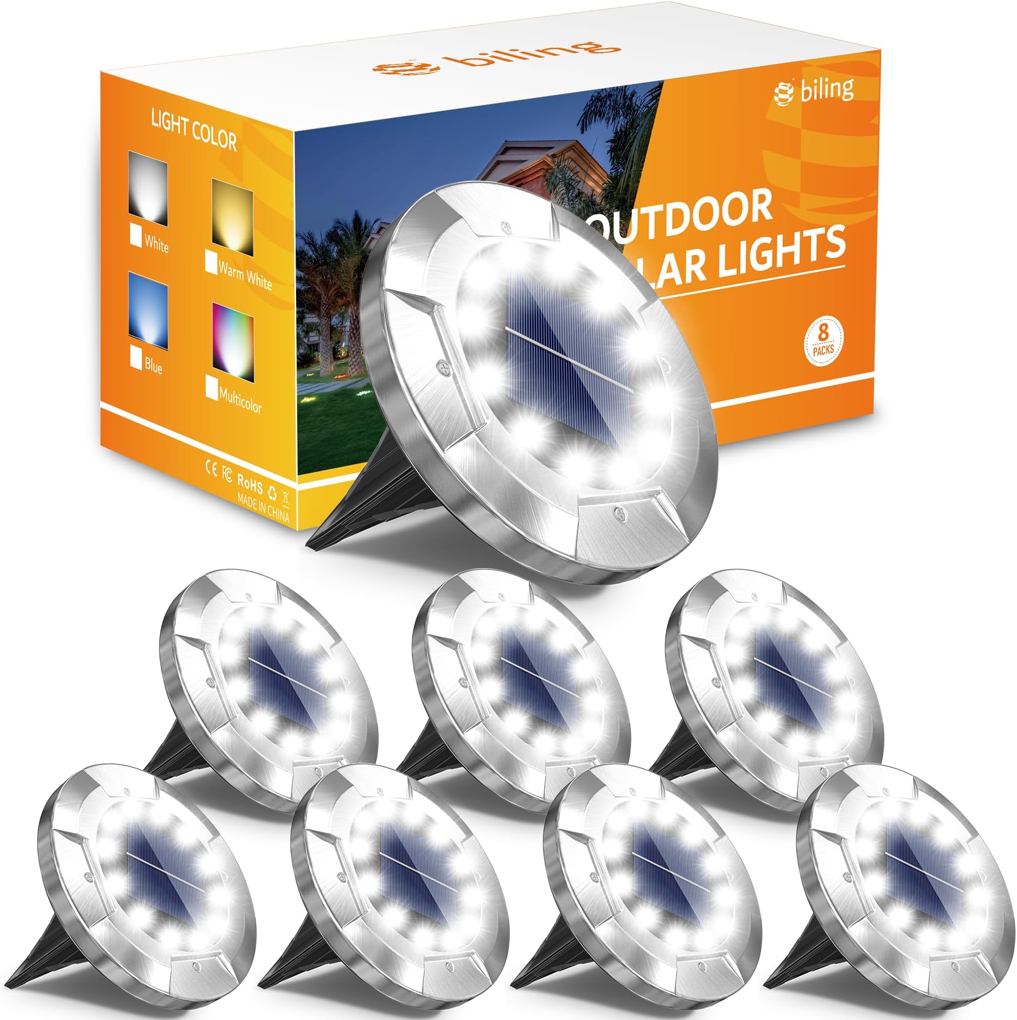 Biling 8 Packs Solar Ground Lights Outdoor Bright Longevity, 12 LEDs Solar Lights for Outside, Waterproof Flat Solar Pathway Lights for Garden Yard Walkway Driveway (White)