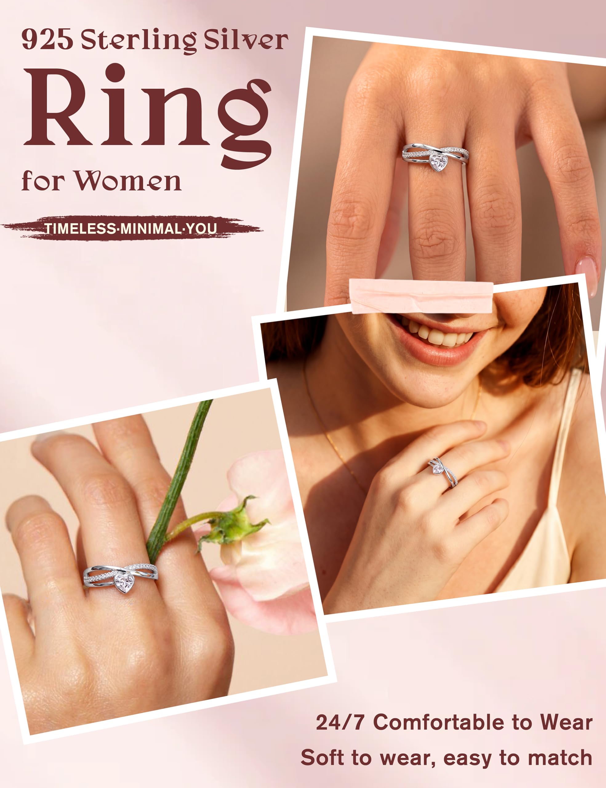 JeweBella Anillos Mujer Plata de Ley 925 Ajustable Corazón Estrella Circonita Cúbica Compromiso Boda Promesa Aniversario Regalo Plata Oro Rosa