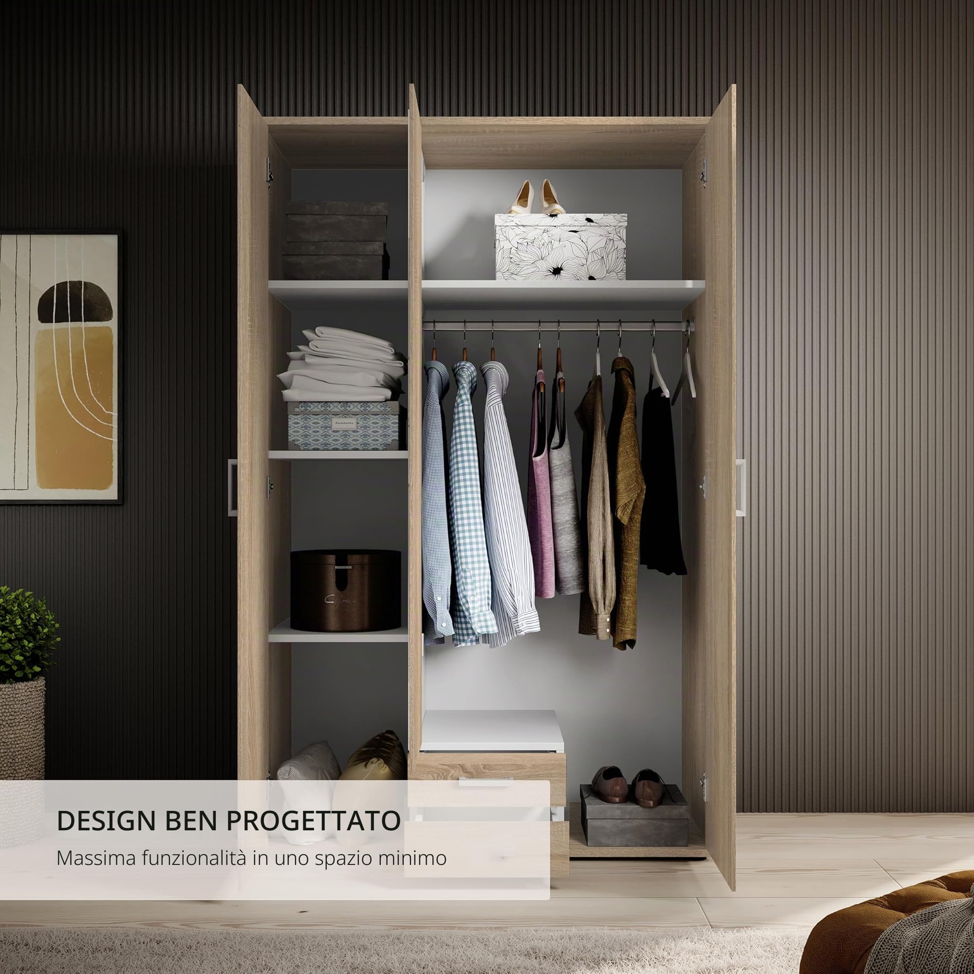 KARL, Elegante armadio a 3 ante molto capiente, versatile in effetto rovere Sonoma con anta a specchio, 120 x 195 x 55 cm