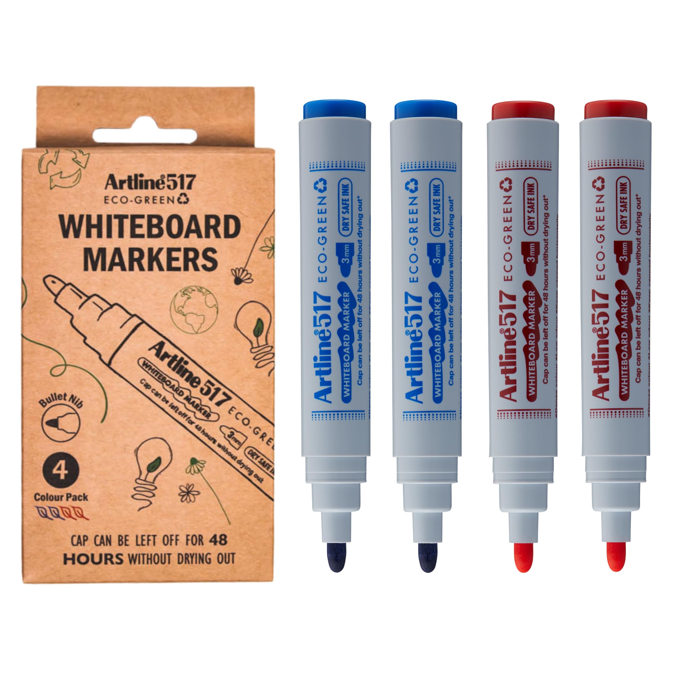 Artline Whiteboard Pens (Pack of 4 - Blue/Red) Dry Safe Whiteboard Markers for School or Office, 3mm Nib, 48hr Cap-Off Time, Non-Toxic White Board Markers Erasable - Genuine White Board Pens