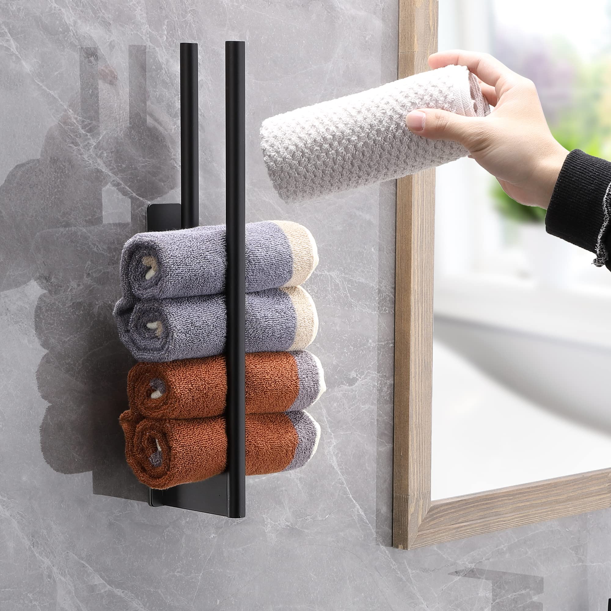 Porte Serviette Salle de Bain en Acier Inoxydable 304 Mat – Porte Serviette Mural Autocollant Double Barre 39 cm Noir – Porte-Serviettes sans Perçage pour Cuisine et Salle de Bain