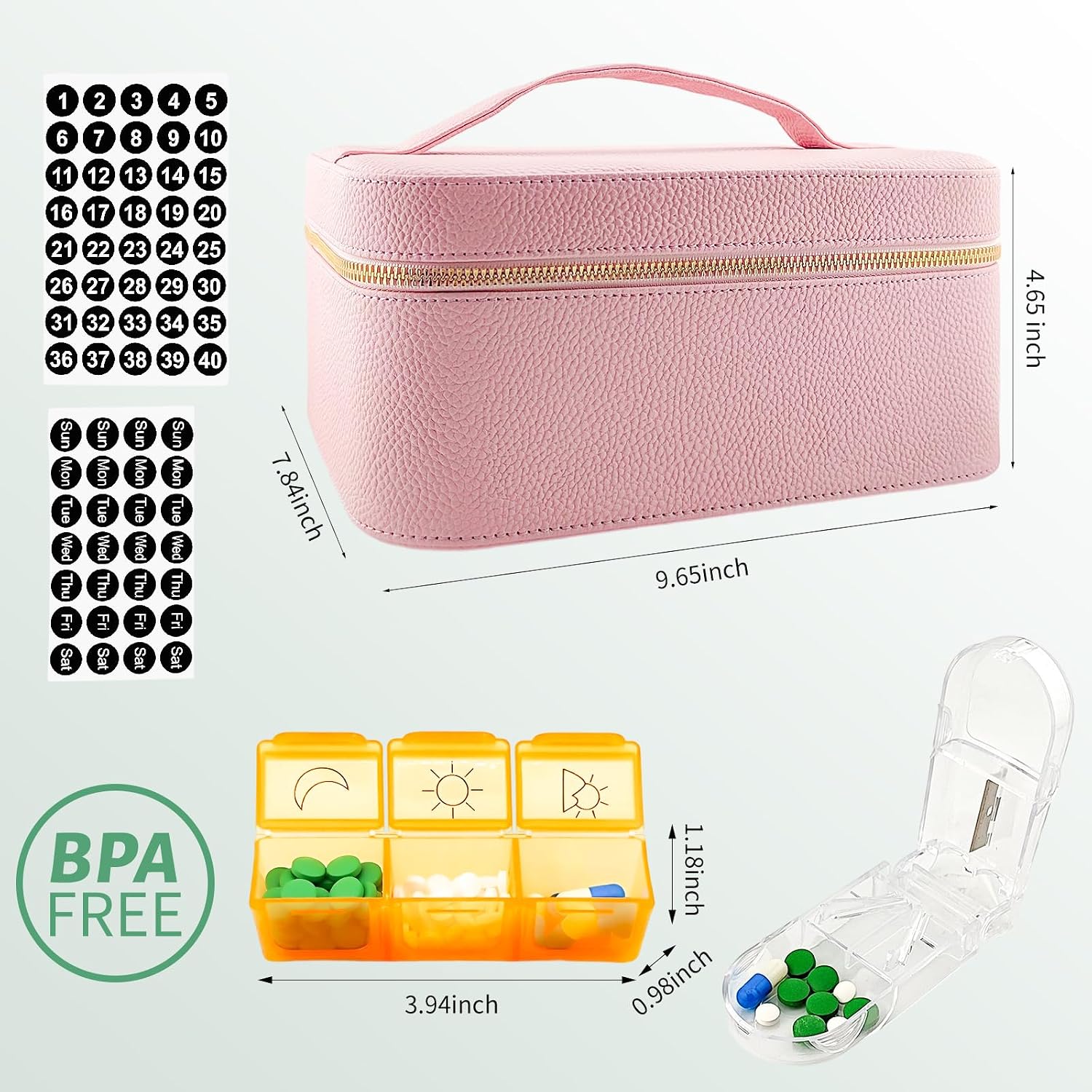Pink Monthly Pill Organizer with Cutter & Month Pill Box, Stickers