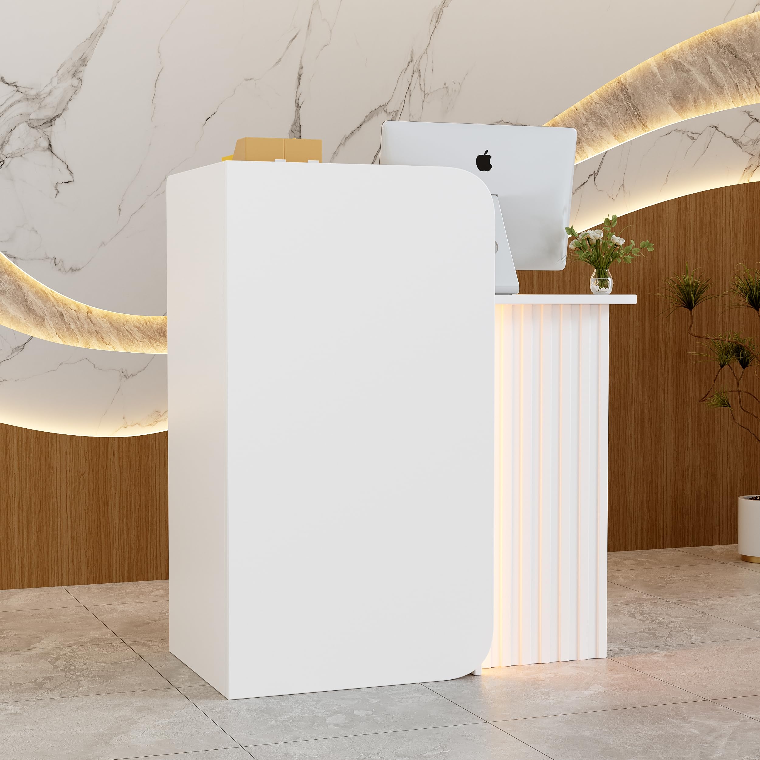 MSFE Mostrador de Recepción con iluminación LED Compacto Escritorio de Recepción Pequeño Mueble de recepción con Cajón con Cerradura Mostrador de Venta Moderno Mostrador de Tienda Blanco 44x80x100CM